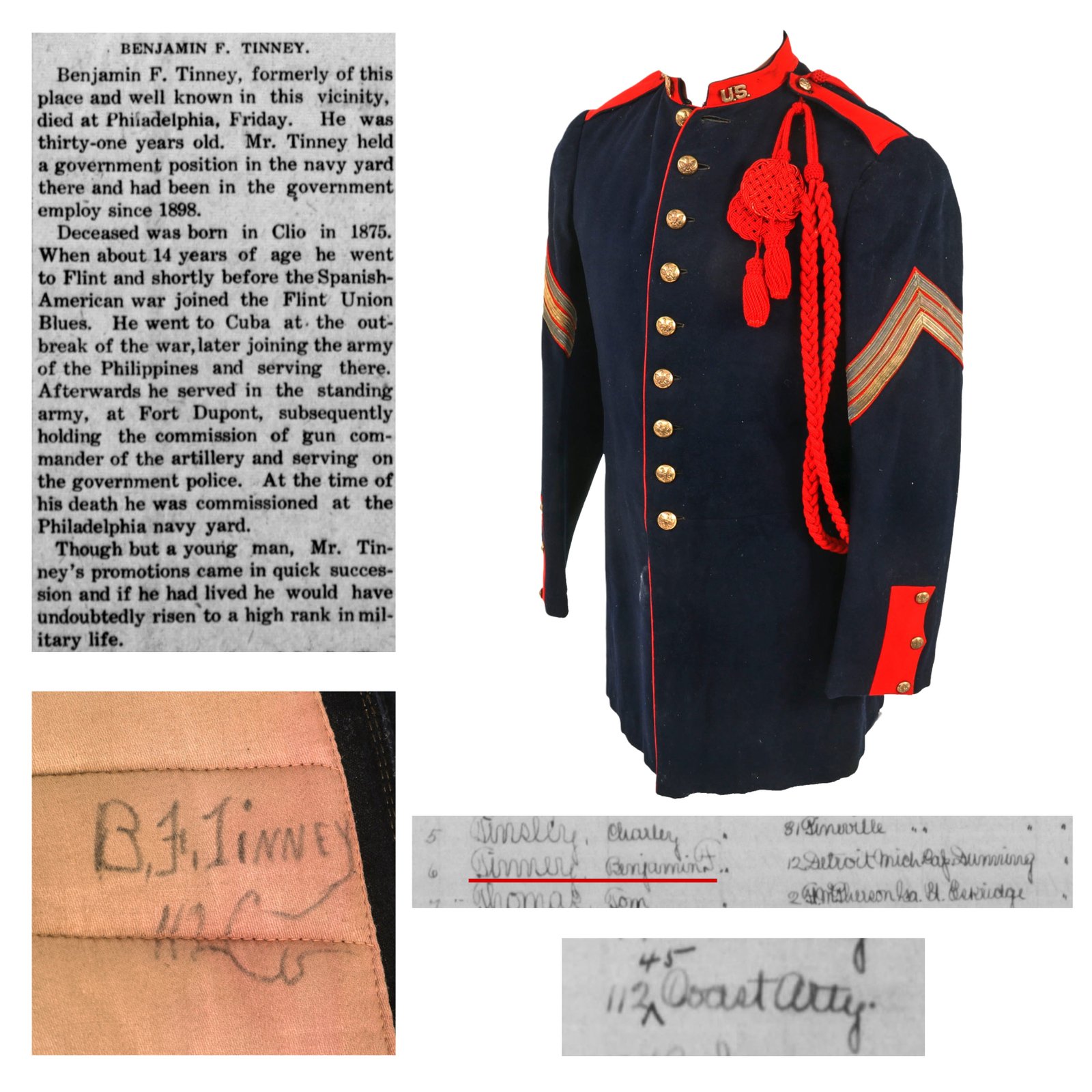 Buy Original U.S. Pre-WWI Named M1885 Artillery Uniform Coat with Aiguillette - Sergeant Benjamin F. Tinney, 112th Coastal Artillery - Spanish American War Veteran | Original Firearms Antique For Sale