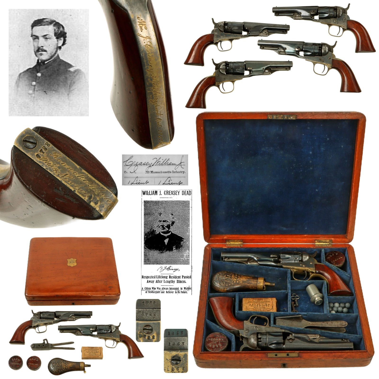 Original U.S. Civil War 23rd Massachusetts Infantry Regiment Inscribed Presentation Cased Metropolitan Police Revolvers To Lt. William J. Creasey with Accessories and Research