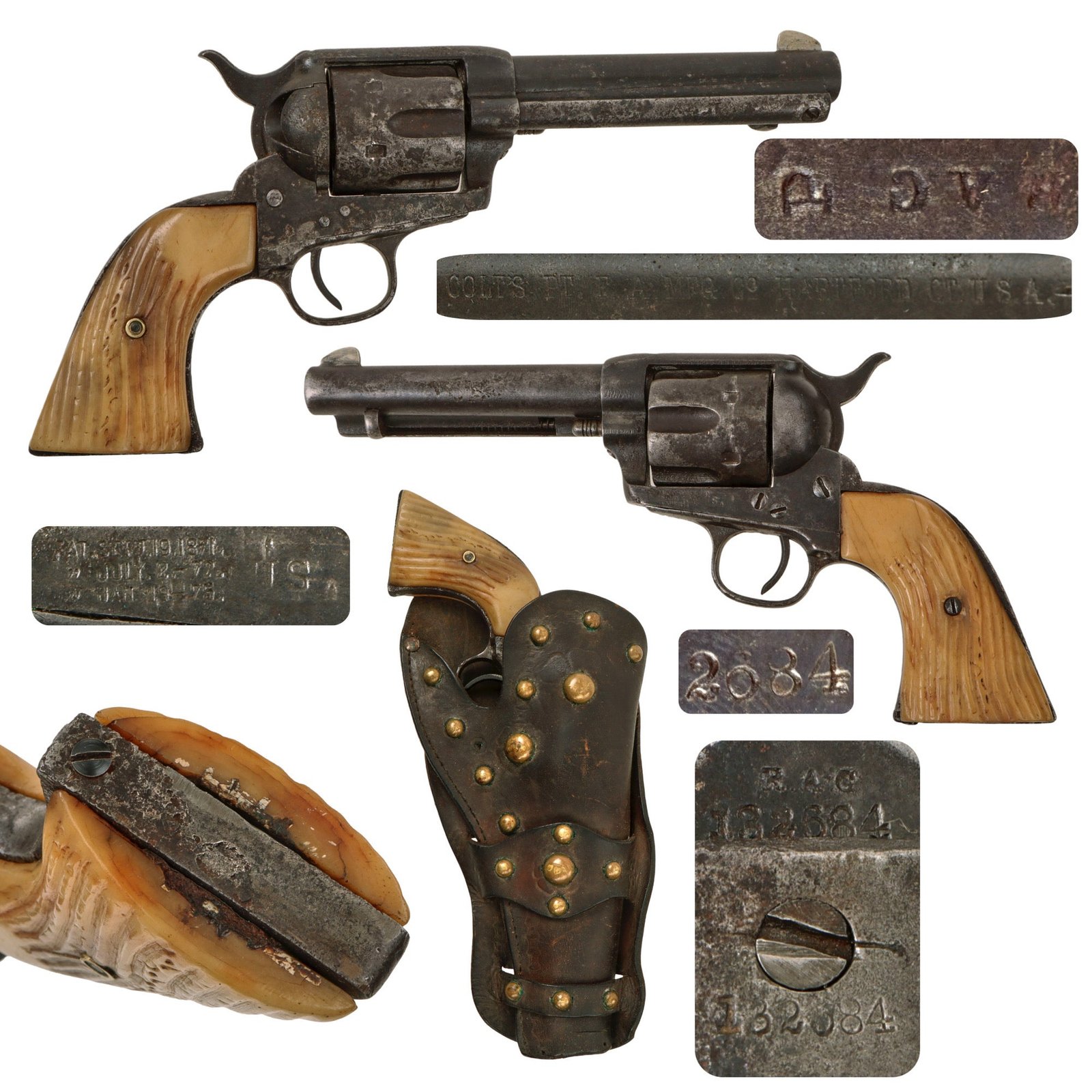 Original U.S. Surcharged Colt .45cal Single Action Army SAA Revolver Made in 1890 with 5" Barrel, Carved Bone Grips, and Tooled Leather Holster - Matching Serial 132684