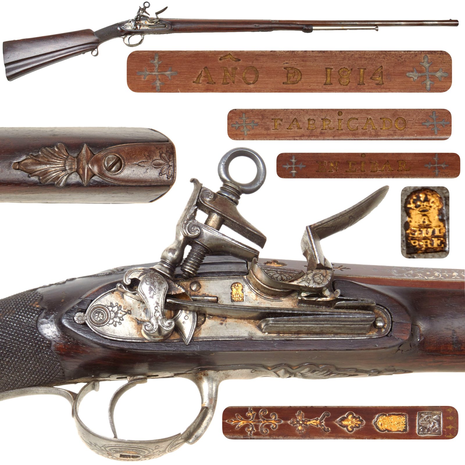 Buy Original 19th Century Spanish 17 Bore Miquelet Lock Fowling Piece by Joseph Aguirre of Eibar with Gold and Silver Inlays - Dated 1814 | Original Firearms Antique For Sale
