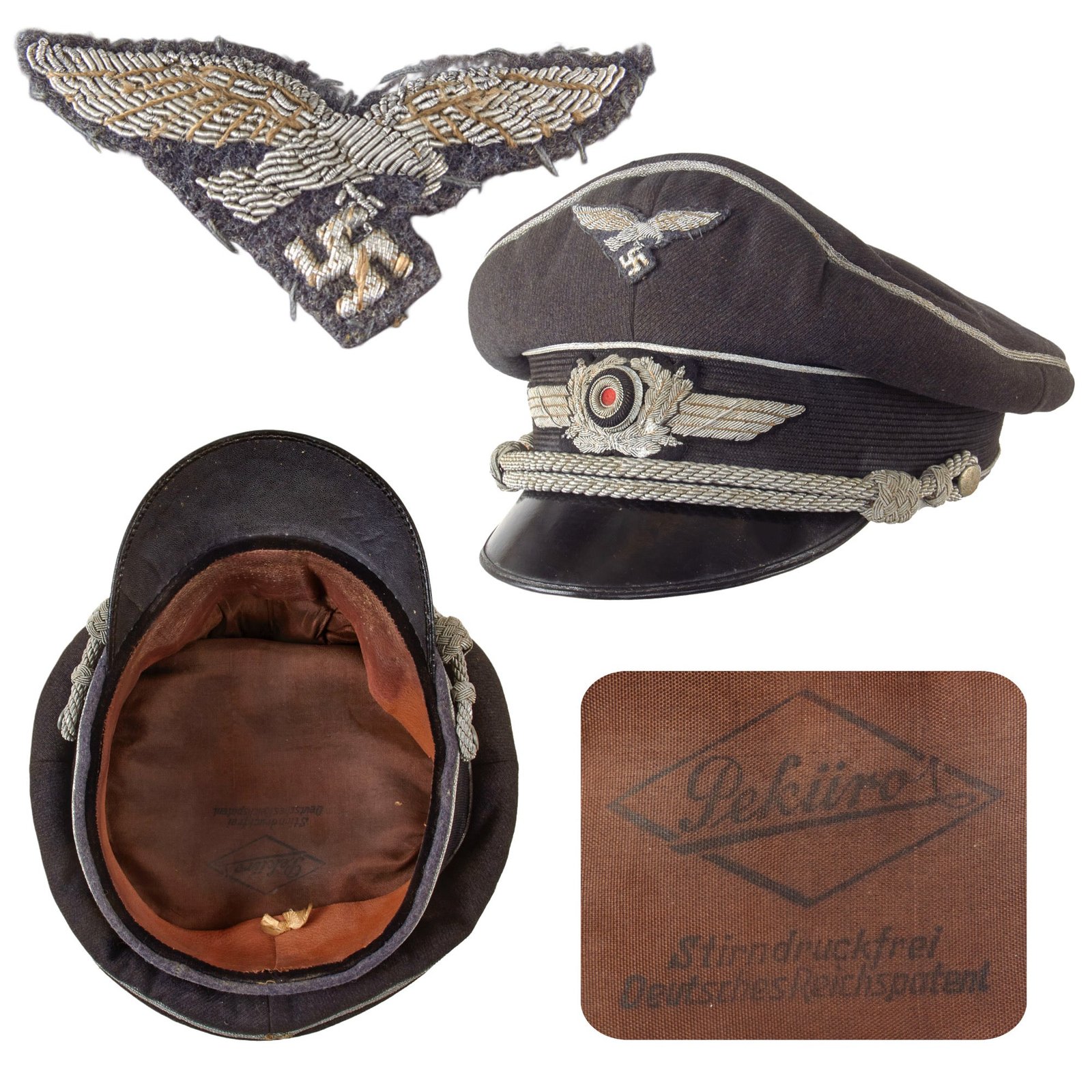 Original German WWII Luftwaffe Officer Schirmmütze Visor Crush Cap with Bullion Insignia by Top Maker Peküro - Peter Küpper