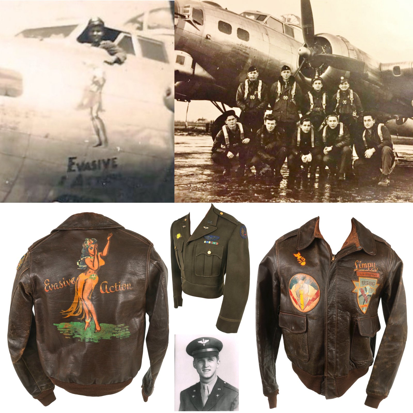 Buy Original U.S. WWII B-17 “Evasive Action” Navigator Painted A2 Flight Jacket, Uniform, & Cased Medals and Insignia - Air Medal with 5 OLCs - 334th Bomb Squadron, 95th Bombardment Group - William Charles "Limpy" Limpach | Original Firearms Antique For Sale