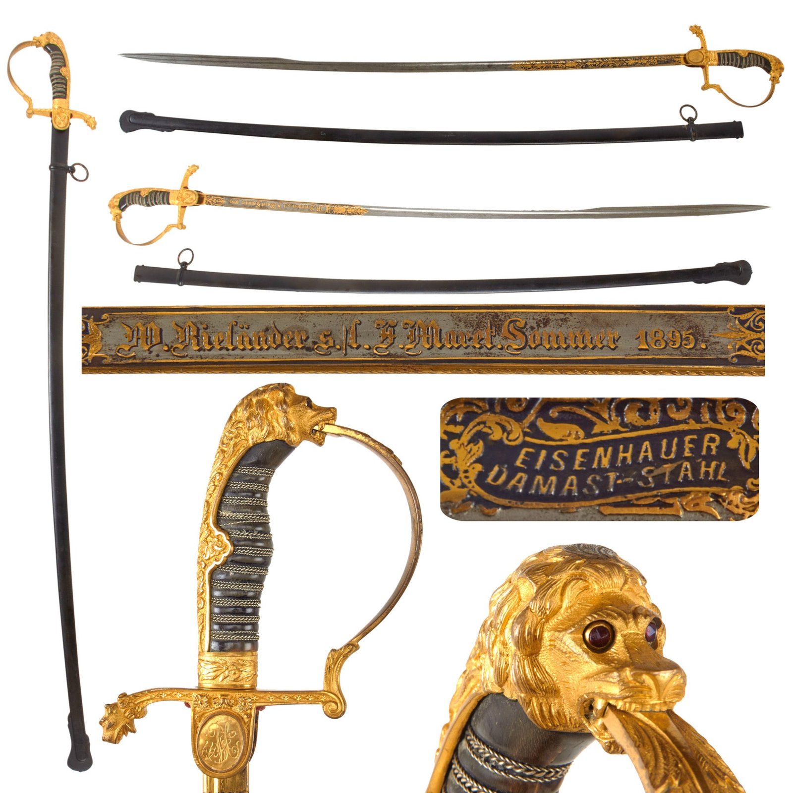Original Imperial German WWI Outstanding Triple-Etched Damascus Steel Artillery Officer’s Sword with Gold-Inlay & Fire-Bluing by Weyersberg Kirschbaum & Cie - Dated 1895
