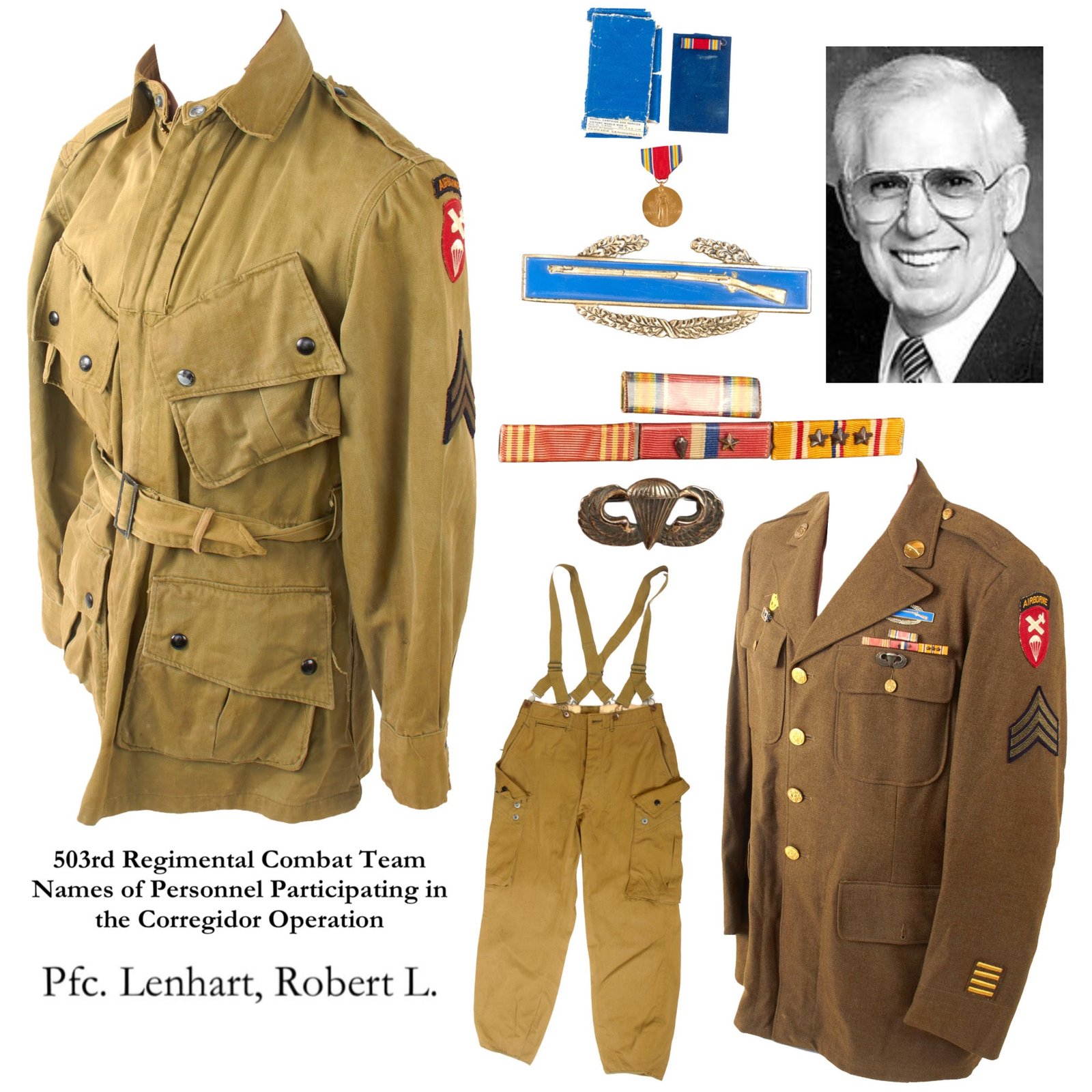 Original U.S. WWII Airborne Named Corregidor 503rd PIR Jump Jacket, Trousers, and Uniform Grouping - Sergeant Robert L. Lenhart, Grenade & Rocket Launcher