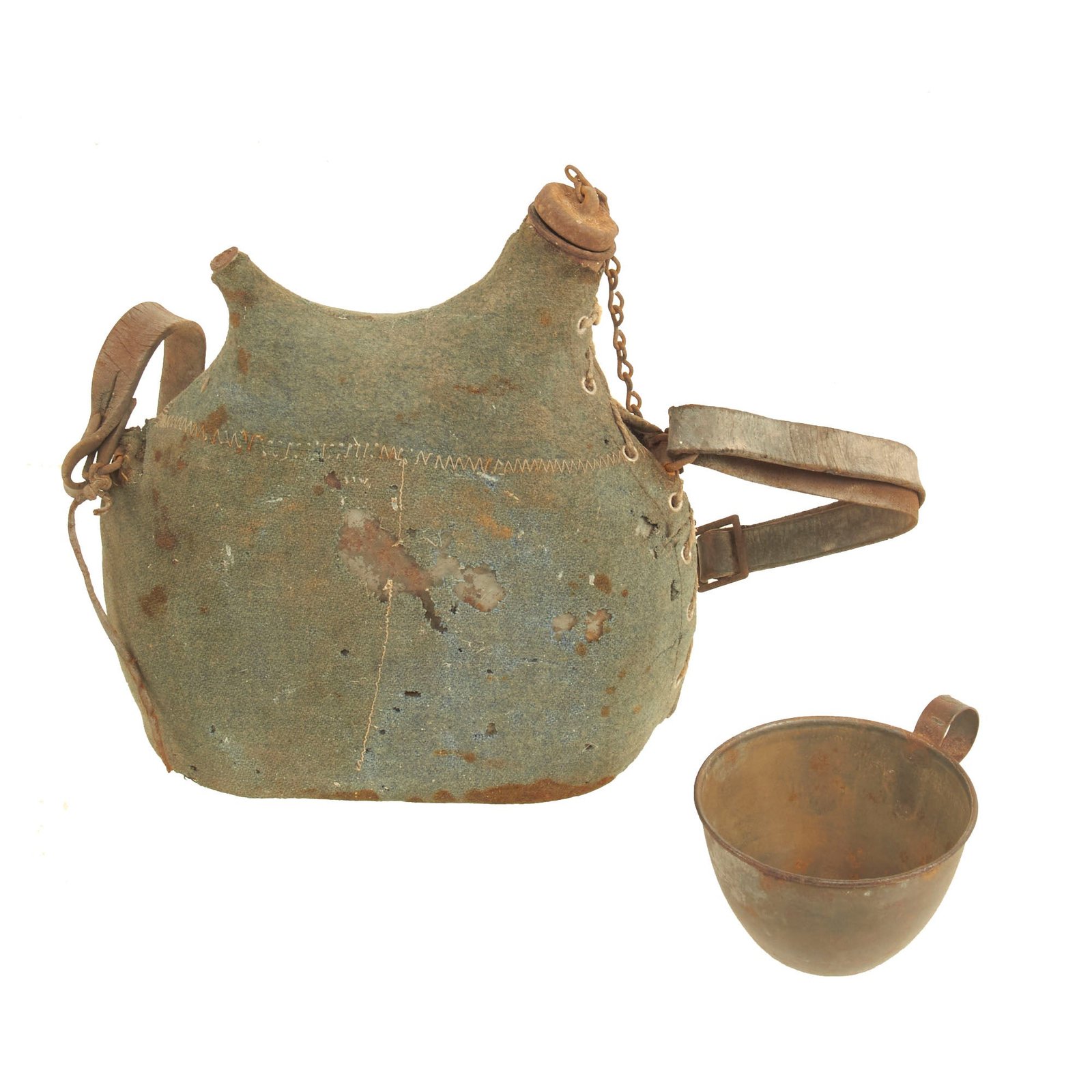Buy Original French WWI Model 1877 Canteen in Horizon Blue with Shoulder Strap and Cup - Bidon | Original Firearms Antique For Sale