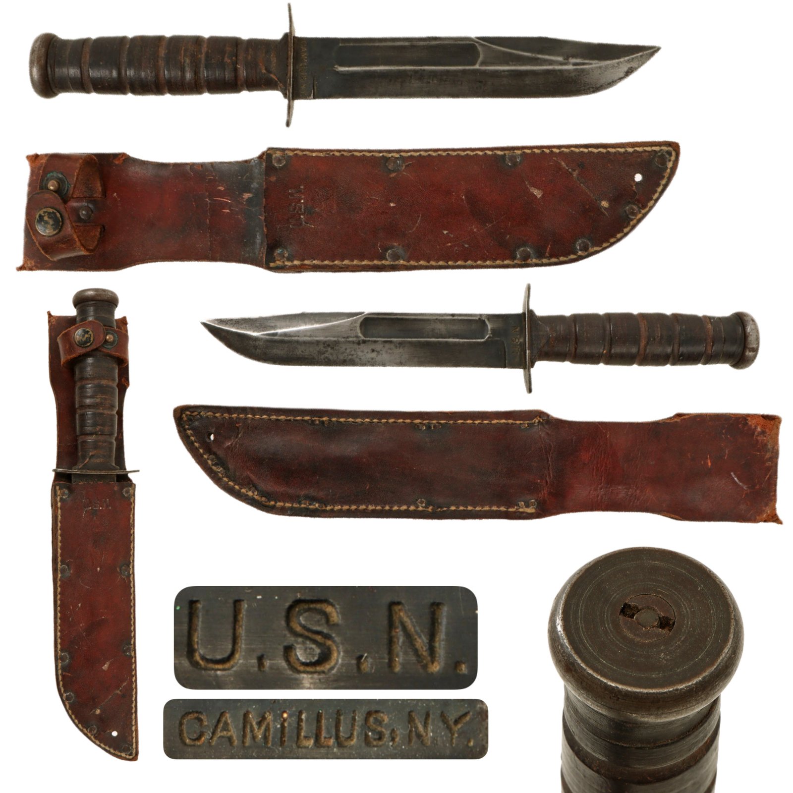 Original U.S. WWII USN Mark 2 KA-BAR Early Nut Pommel Blade-Marked Fighting Knife by CAMILLUS in Original USN Leather Sheath
