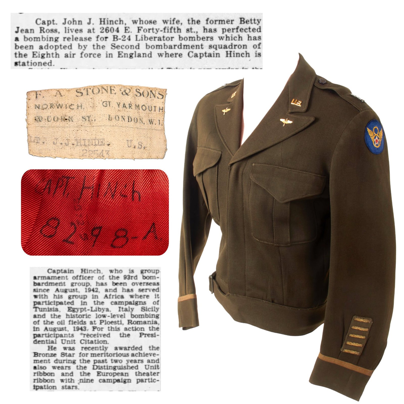 Original U.S. WWII Named AAF British-Made 93rd Bomb Group Uniform Ike Jacket with Bullion Stripes - Captain John J. Hinch, Designed Bombing Release for B-24 Liberator Bomber