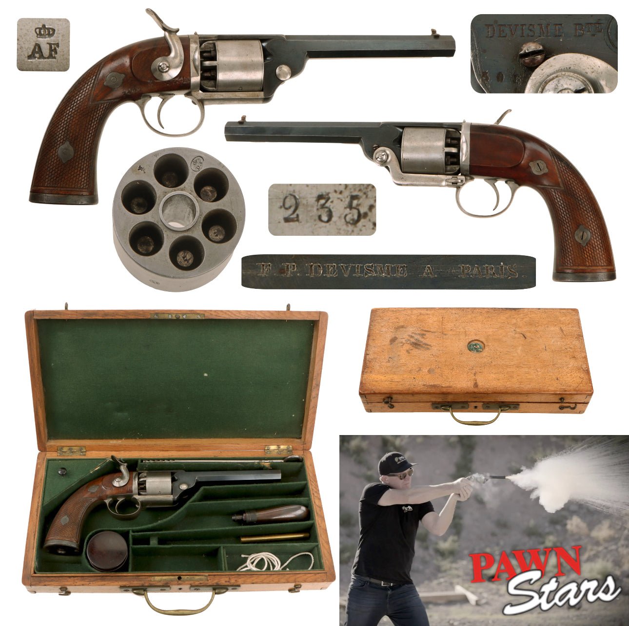 Original French Excellent Model 1854/55 Devisme 10mm Percussion Revolver Serial 7492 in Custom Case with Accessories - As Seen on Pawn Stars