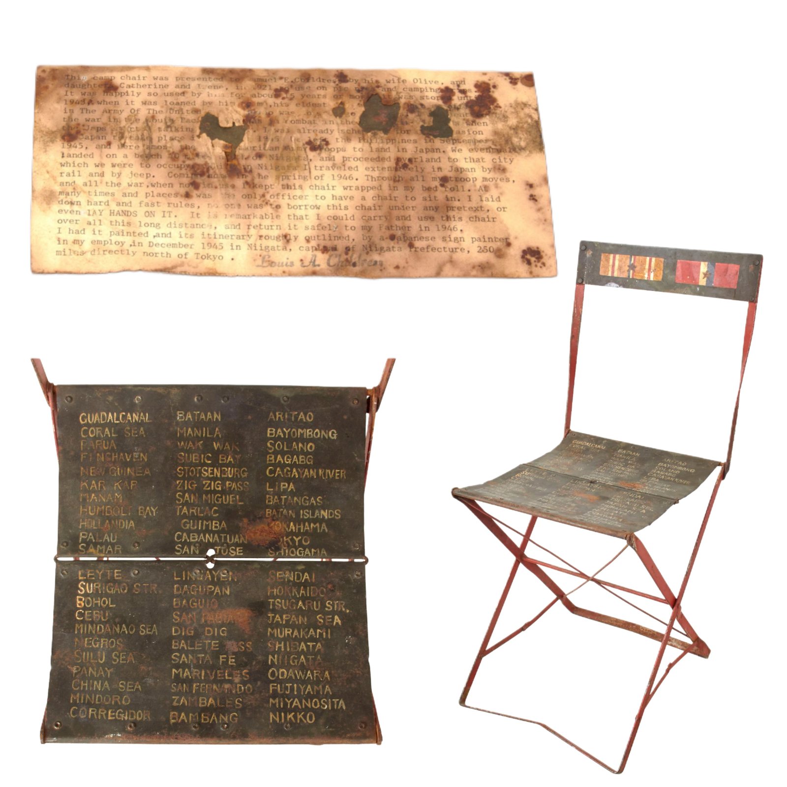Original U.S. WWII Travel Diary & Ribbon-Painted Camp Chair of Lieutenant Louis A. Childress with Provenance Note