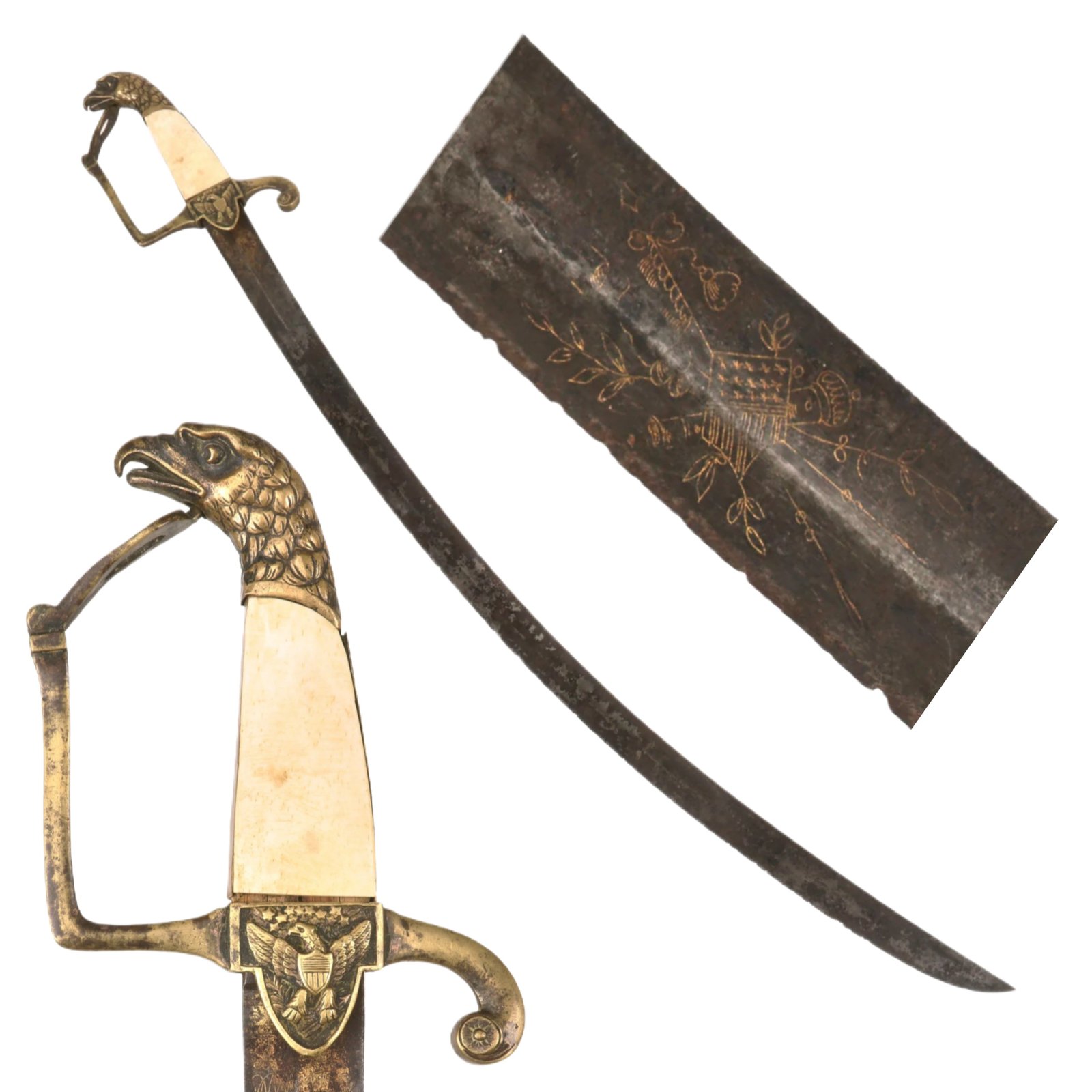 Buy Original U.S. War of 1812 Mounted Officer’s Eagle Head Saber with Tremendous American Eagle Chape & Gold-Inlaid Curved Blade - Circa 1810 | Original Firearms Antique For Sale