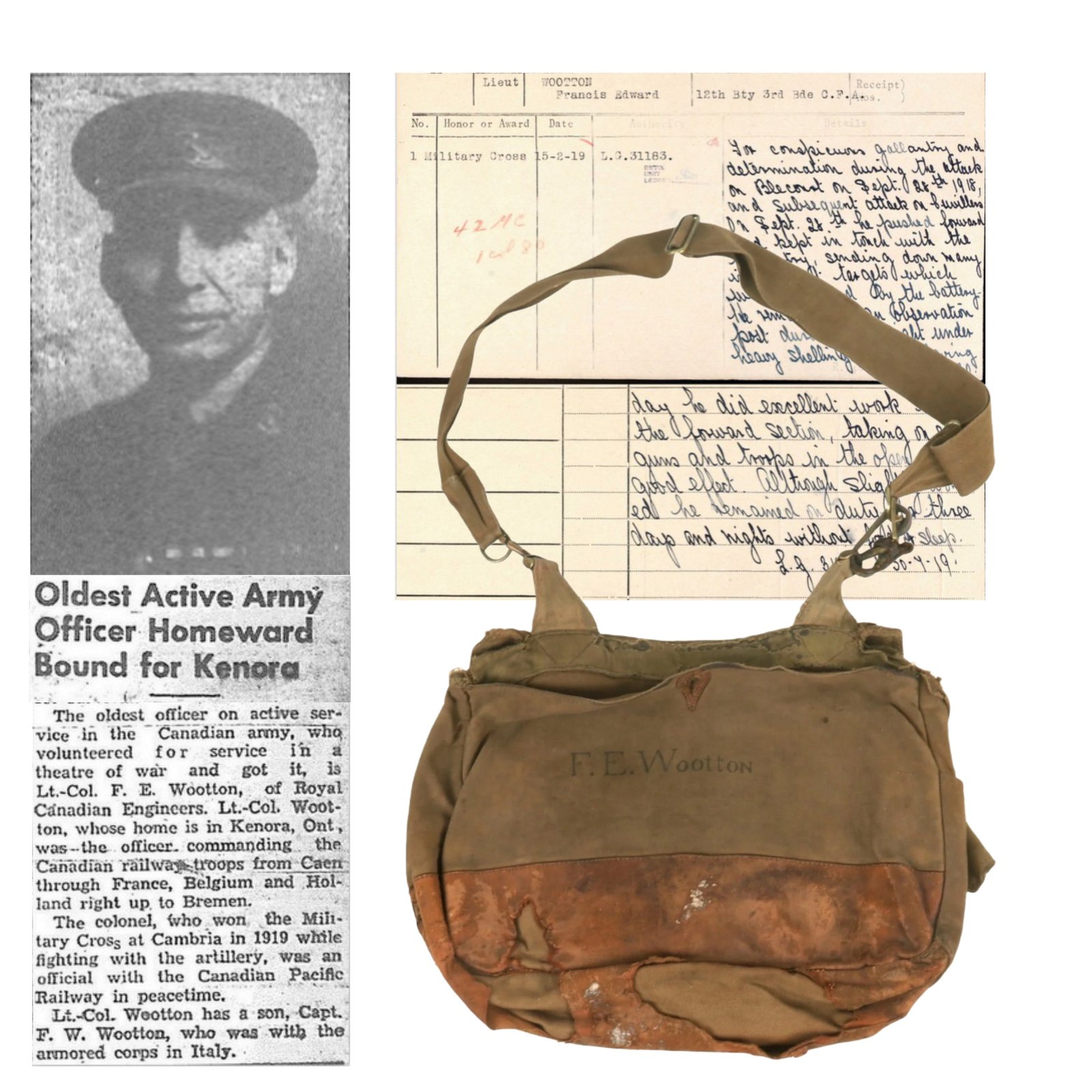 Buy Original Canadian WWI Musette Bag Named to Military Cross Recipient Francis Edward Wootton OBE - Oldest Active Serving Canadian Officer Serving in a Theater of War During WWII | Original Firearms Antique For Sale