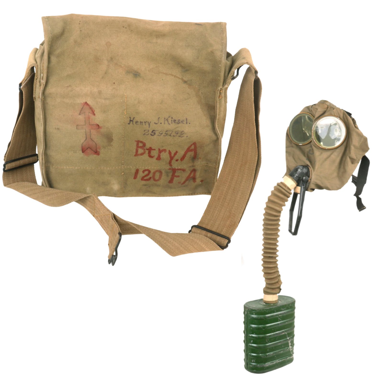Buy Original U.S. WWI Excellent Named & Painted 32nd Division Corrected English Type Box Respirator Gas Mask - 120th Field Artillery - Henry J. Kiesel | Original Firearms Antique For Sale