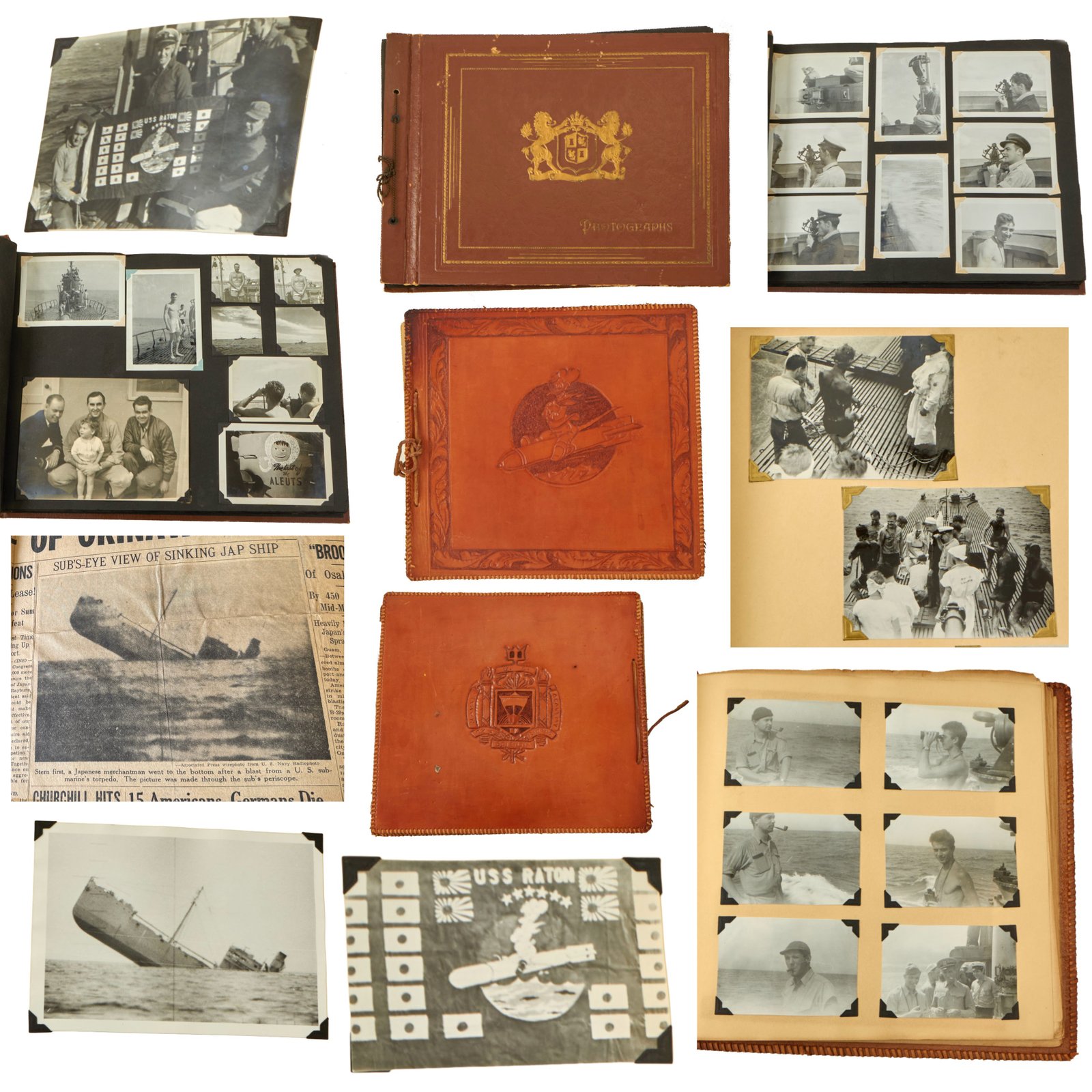 Buy Original U.S. WWII USS Raton Officer Photo Albums with Photo of Sinking Japanese Ship Used in Newspaper & Walt Disney Raton Insignia Carved into Cover - 346 Photographs Total | Original Firearms Antique For Sale