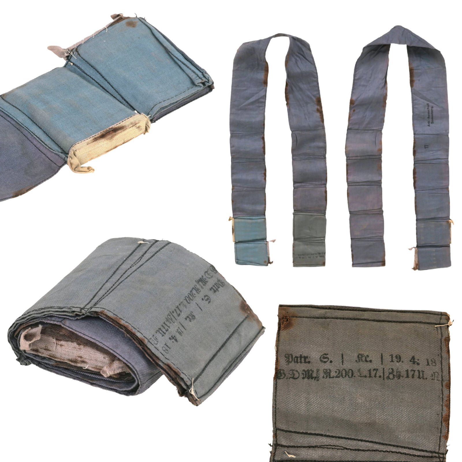 Buy Original Imperial German WWI Incredibly Scarce Blue Cloth Bandolier with Two Unopened Compartments - Dated April 1918 | Original Firearms Antique For Sale