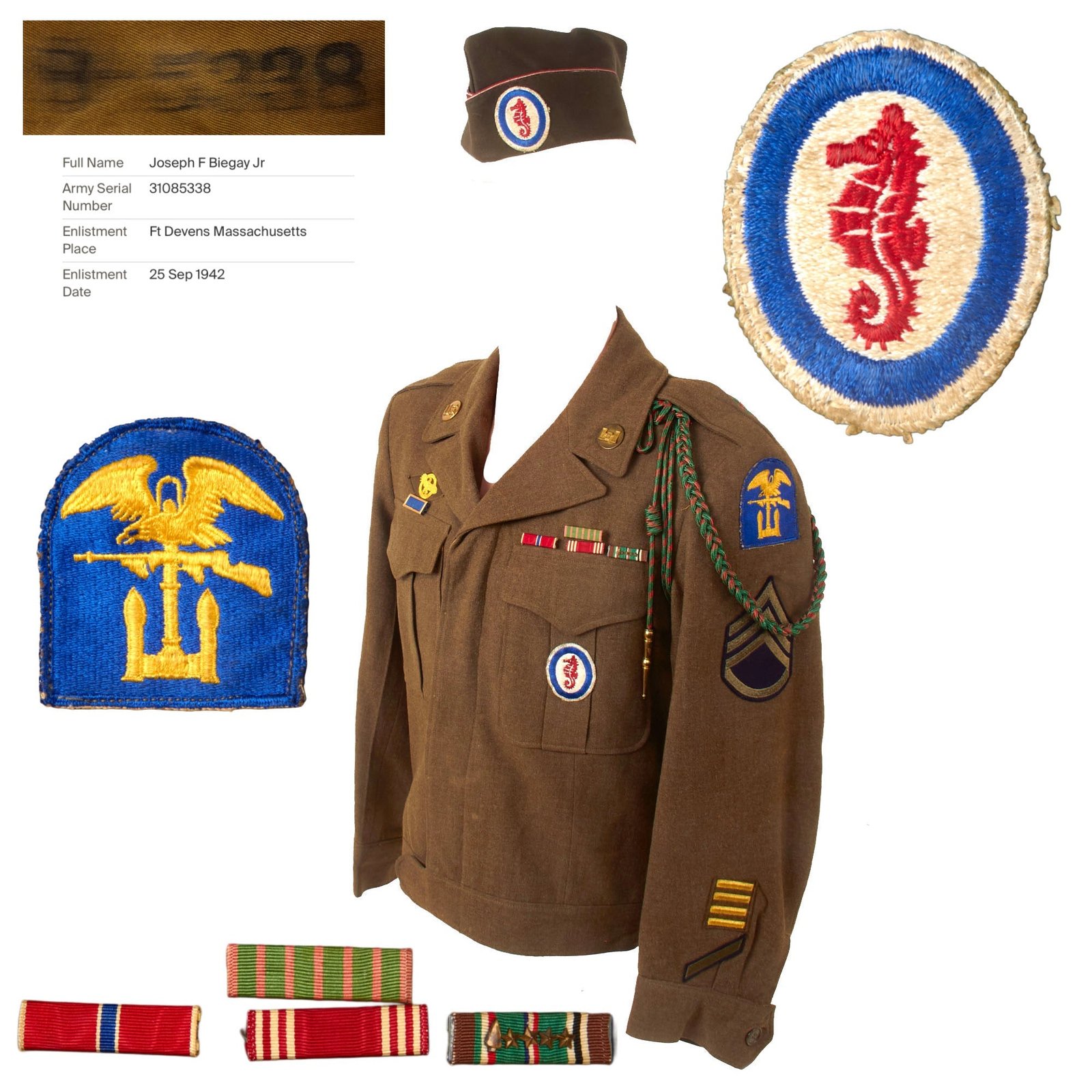 Buy Original U.S. WWII D-Day Bronze Star Recipient 37th Engineer Combat Battalion Uniform & Garrison Cap Group - Staff Sergeant Joseph F. Biegay | Original Firearms Antique For Sale