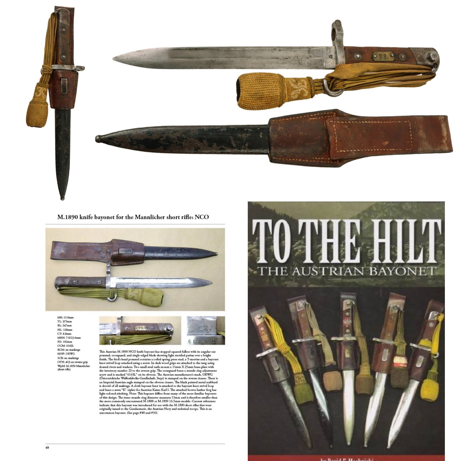 Original Austrian WWI Mannlicher M1890 NCO Bayonet by ŒWG Steyr with Hook Quillon, Scabbard, Frog & Troddle Knot - Featured in To The Hilt The Austrian Bayonet by David F. Machnicki