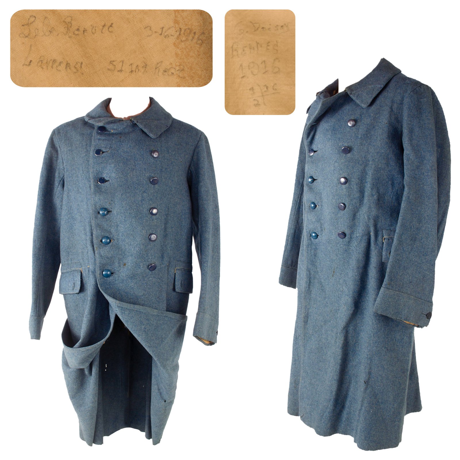 Original French WWI Rare Enlisted M1915 Horizon Blue Wool Greatcoat - Named to 51st Poilu Soldier