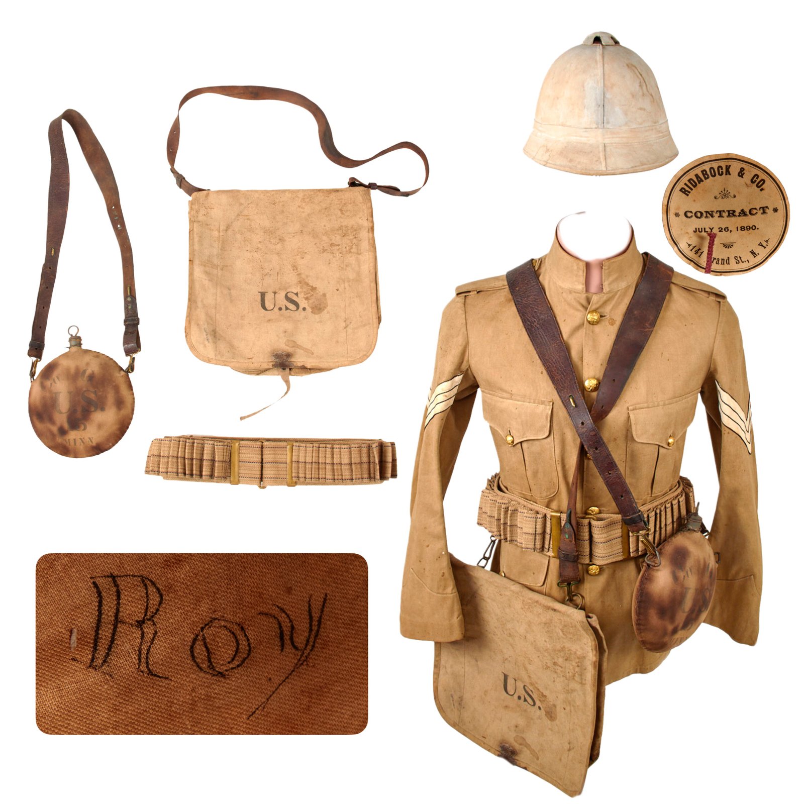 Buy Original U.S. Philippine Insurrection / SAW Infantry Uniform & Field Gear Set - Sergeant’s M1898 Tropical Coat & M1880 Sun Helmet with M1878 Haversack & Canteen and Krag 100-Round Double Ammunition Belt | Original Firearms Antique For Sale