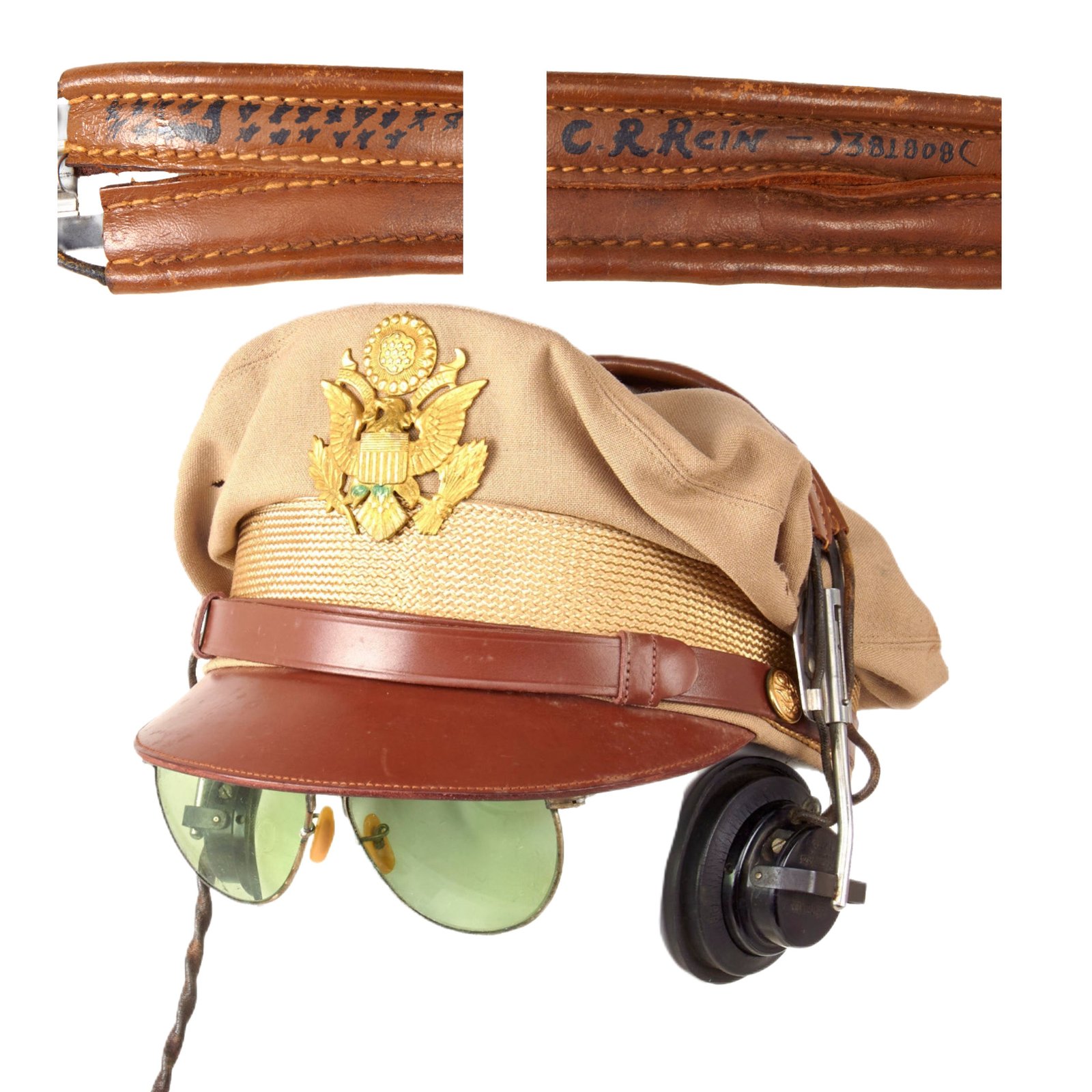 Buy Original U.S. WWII Army Air Force Officer “Commander” Crusher Cap With Named Mission-Chit ANB-H-1 Headset & Aviator Sunglasses - Size 7 1/8 | Original Firearms Antique For Sale