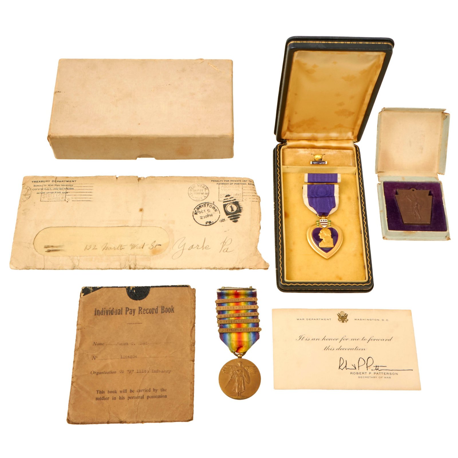 Buy Original U.S. WWI 28th Division Purple Heart & Victory Medal Grouping Named to Two Men from Company F, 111th Infantry Regiment | Original Firearms Antique For Sale