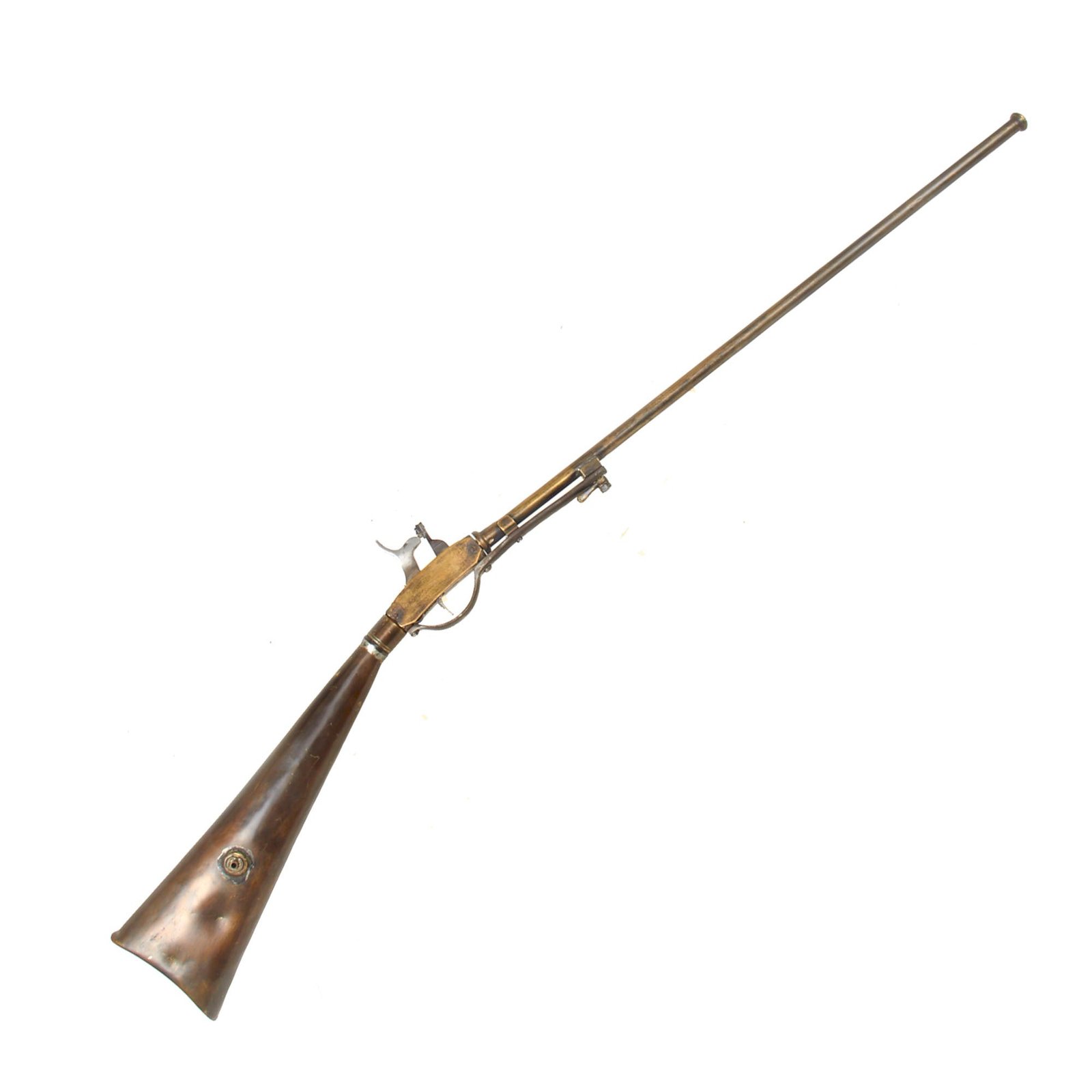 Buy Original 19th Century Unidentified Custom Swivel Breech Pneumatic Air Rifle with Brass Butt Stock Air Reservoir | Original Firearms Antique For Sale