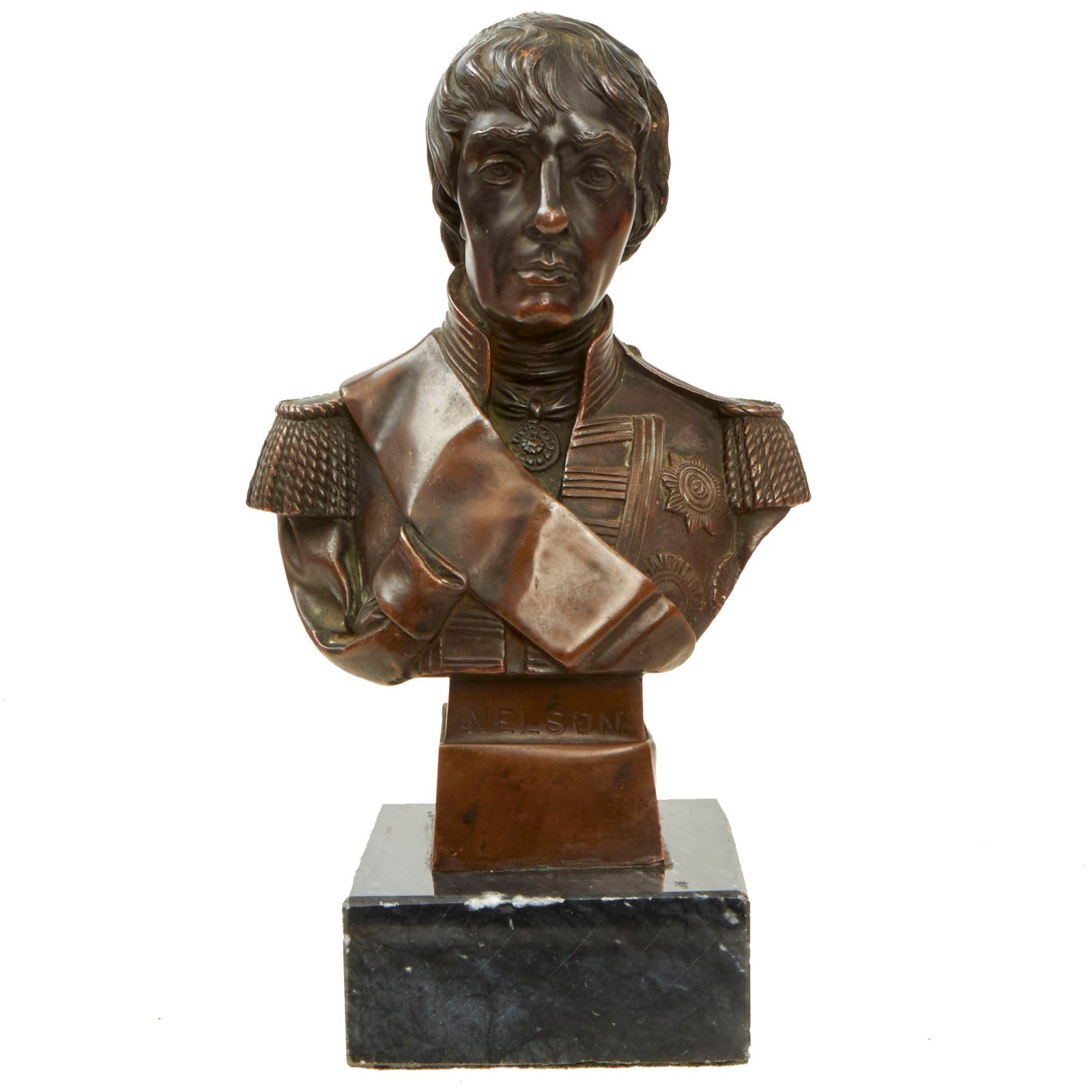 Buy Original British Victorian Era Bust of Admiral Horatio Nelson Made from Copper from Nelson’s Flagships on Marble Base - Presented by British & Foreign Sailors Society | Original Firearms Antique For Sale