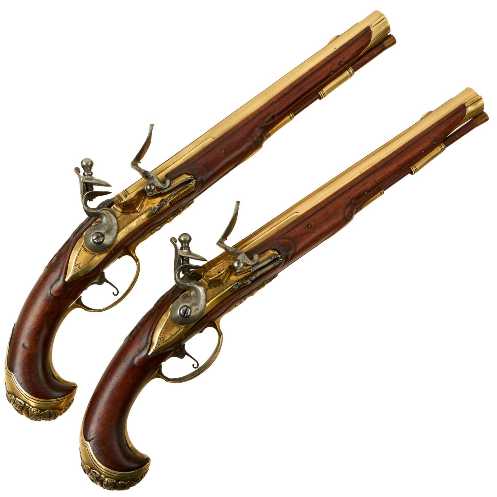 Buy Original Excellent Pair of 18th Century German Brass Barrel Flintlock Pistols by P. BECHER A WÜLTZBURG - circa 1740 | Original Firearms Antique For Sale