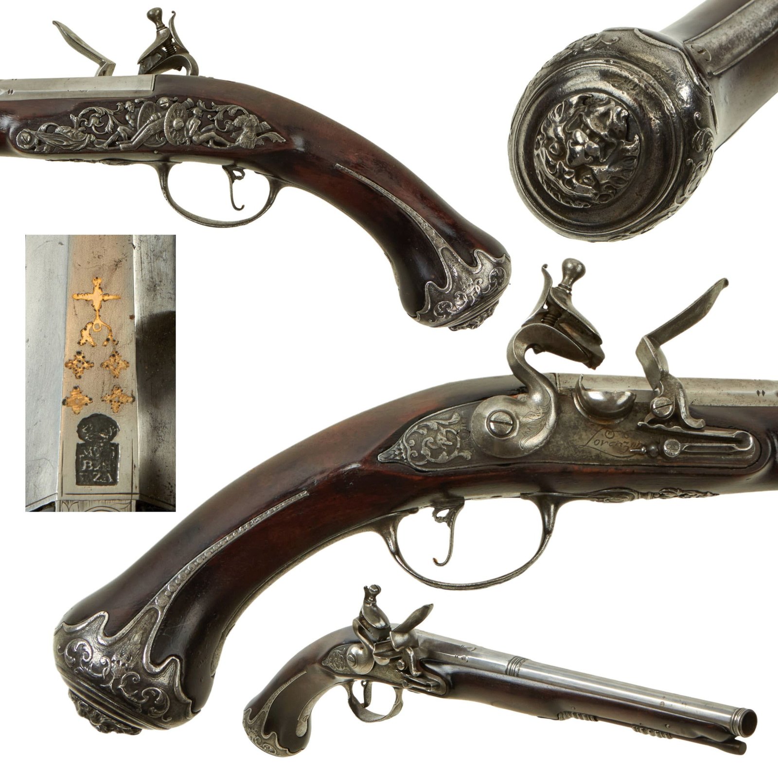 Buy Original 18th Century Italian Flintlock Pistol by Michele Lorenzoni of Florence with Intricate Embossed Iron Mountings and Grotesque Butt Cap - circa 1720 | Original Firearms Antique For Sale