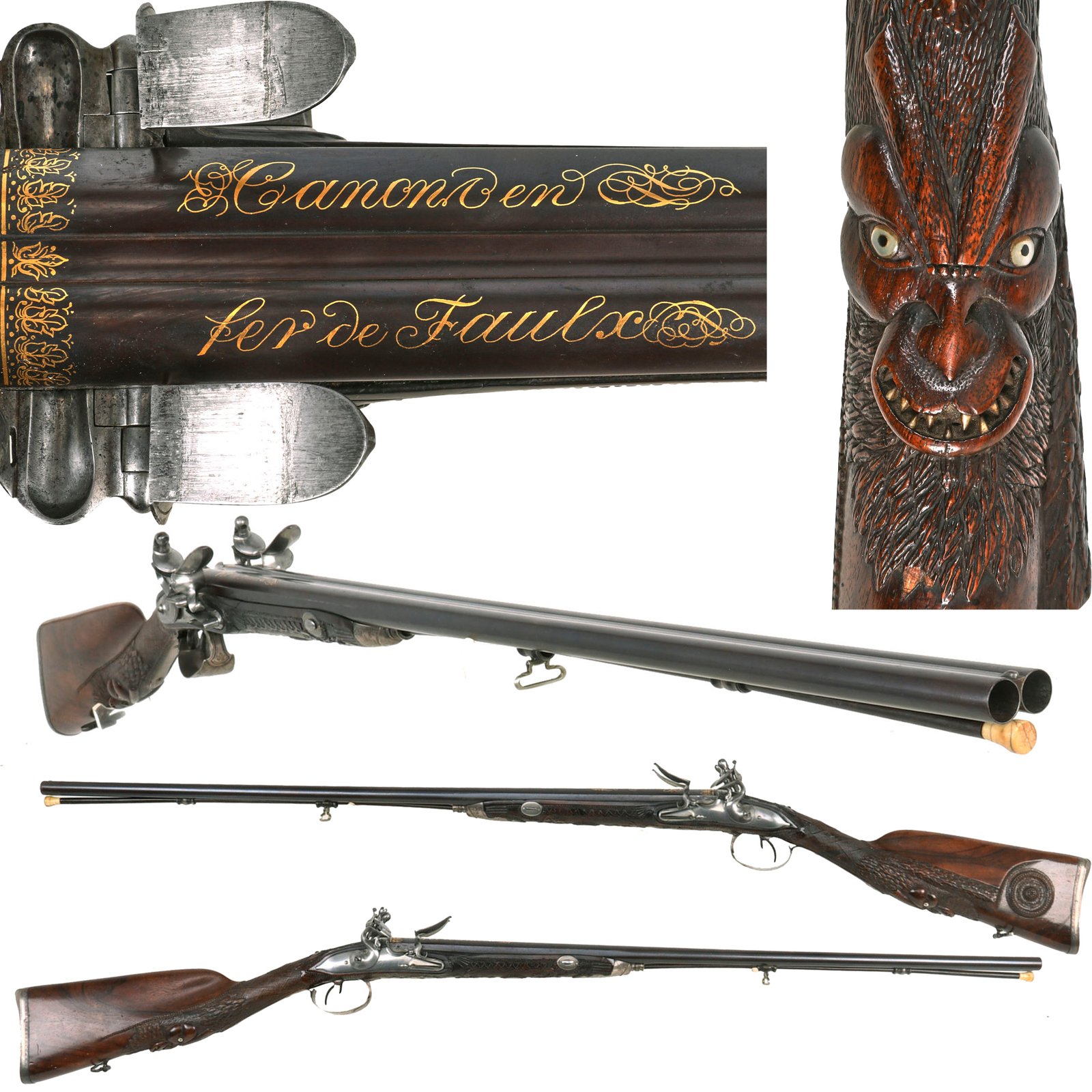 Buy Original French 18th Century Silver Mounted 22 Bore Double Barrel Flintlock Fowling Shotgun by Jean-Baptiste Berardy of St. Étienne with Demon Carved Stock - Circa 1785 | Original Firearms Antique For Sale