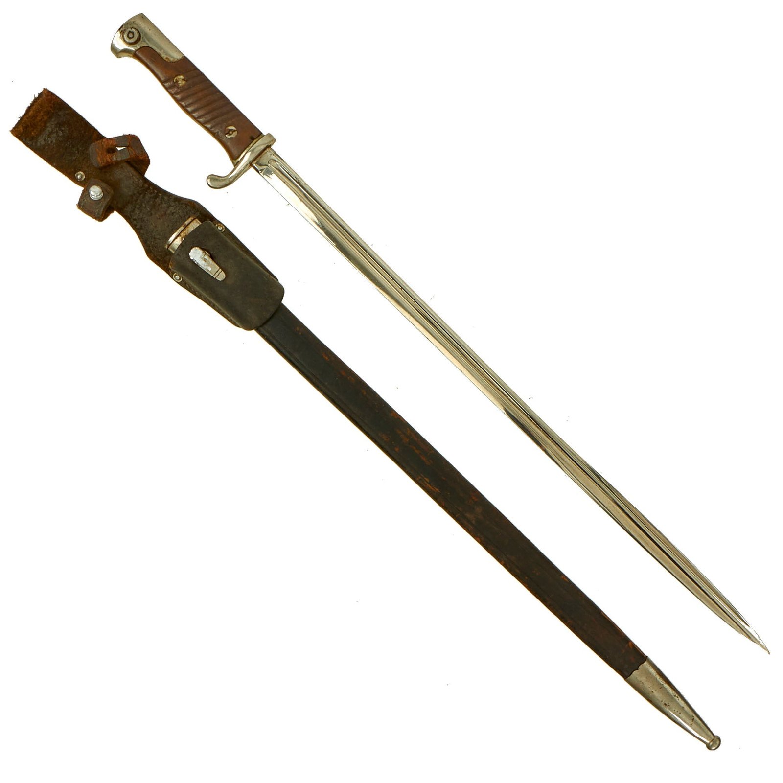Buy Original German WWI M1898 GEW 98 Nickel Plated Parade Bayonet with Scabbard and Leather Frog | Original Firearms Antique For Sale