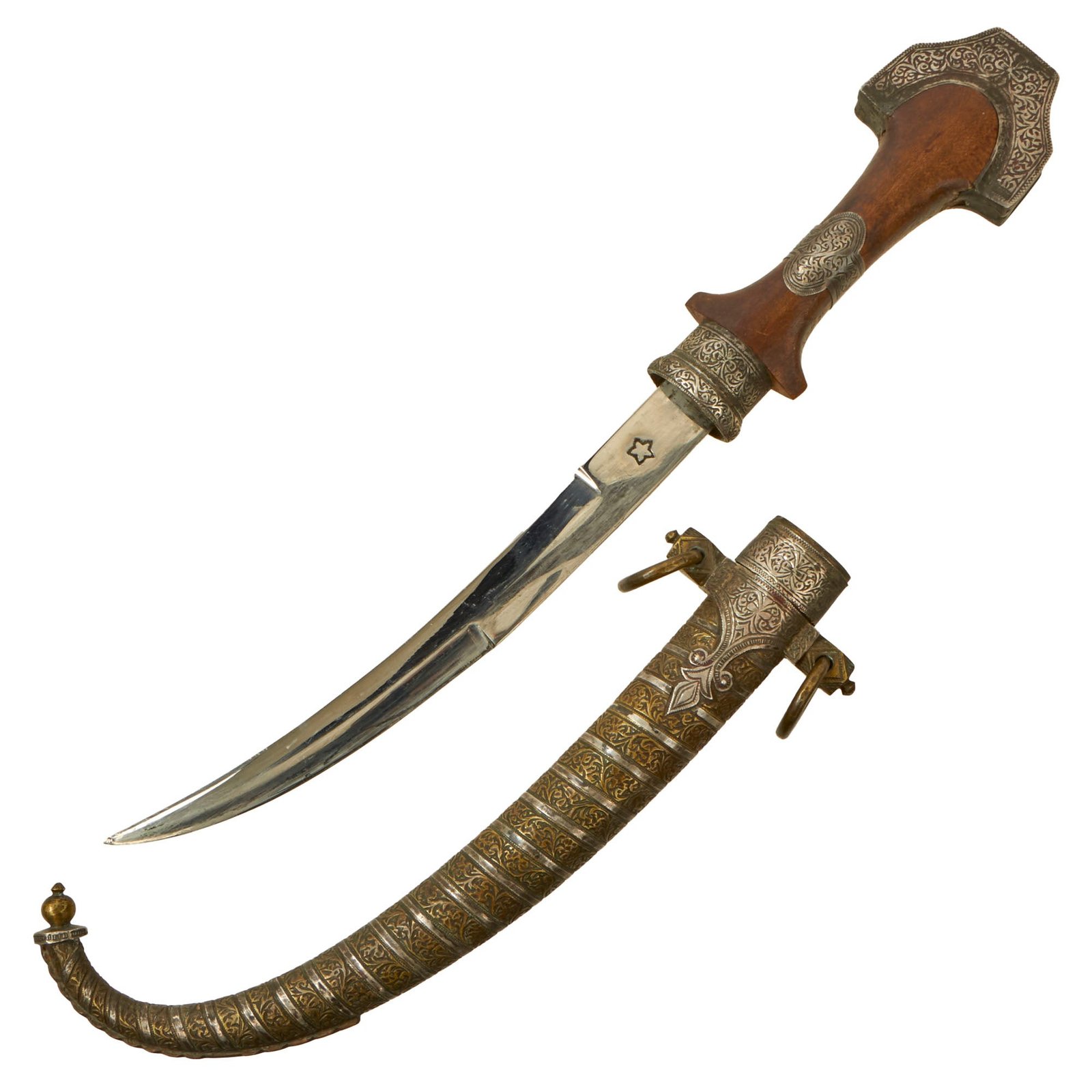 Buy Original North African Algerian Arab Jambiya Dagger with Scabbard Adorned with Brass & Silver Mounts - Circa 1890 | Original Firearms Antique For Sale