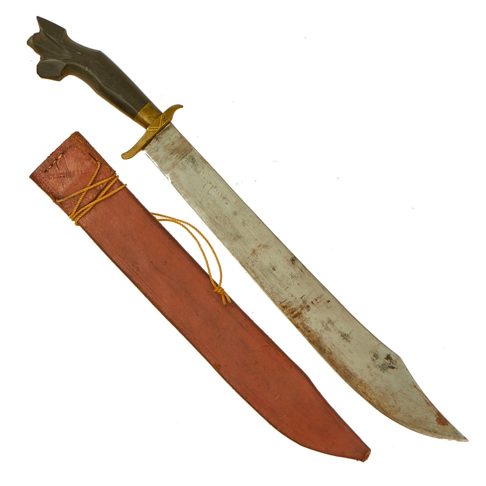 Buy Original Philippines WWII U.S. Soldier Bringback Pirah Style Clip Point Short Sword With Leather Scabbard | Original Firearms Antique For Sale