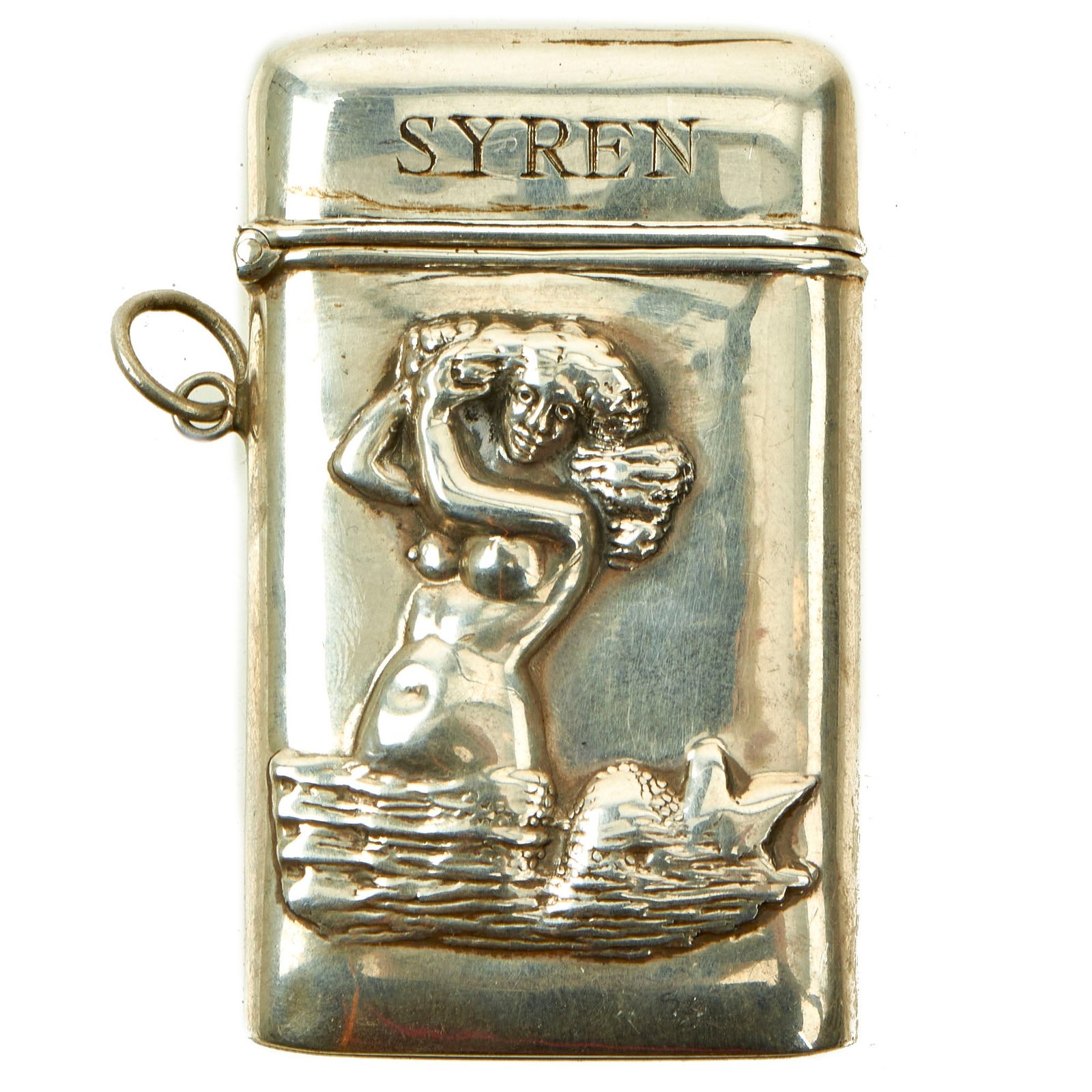 Buy Original British Victorian Sterling Silver "Mermaid" Match Safe Named to Commander Green of the Vessel "Syren" - 1867 Hallmarked | Original Firearms Antique For Sale