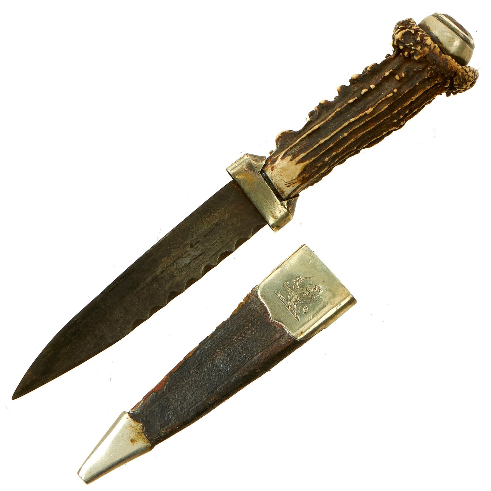 Buy Original Georgian Era Scottish Skean Dhu Antler Handle Sock Knife with Cairngorm Quartz Pommel & Scabbard - Sgian-dubh | Original Firearms Antique For Sale