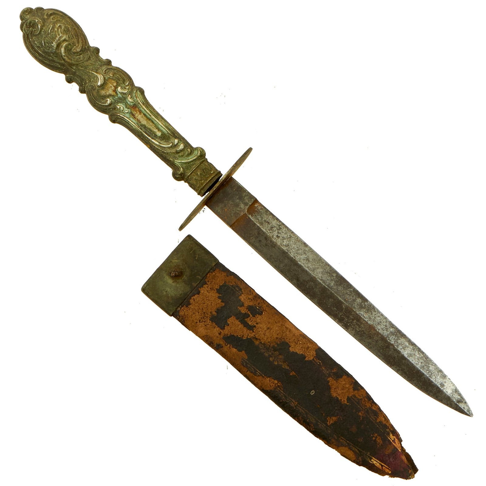 Buy Original Victorian Era Double Edged Fighting Knife by Beckett Slater & Co. with Embossed Silver Handle & Scabbard | Original Firearms Antique For Sale