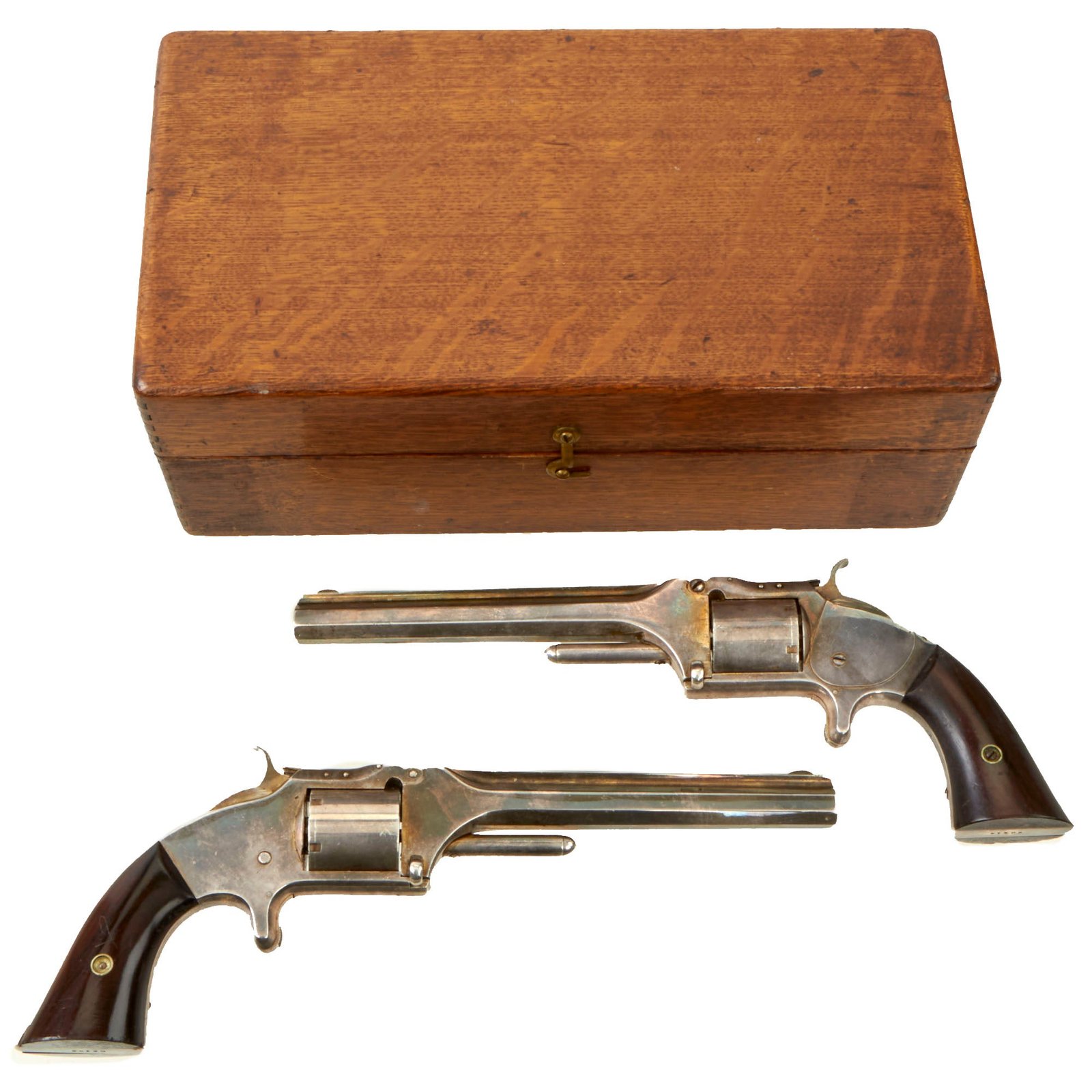 Buy Original U.S. Pair of Smith & Wesson Silver Plated Model 2 Army .32cal Revolvers with 6" Barrels in Custom Case - Matching Serial 68190 & 68412 | Original Firearms Antique For Sale