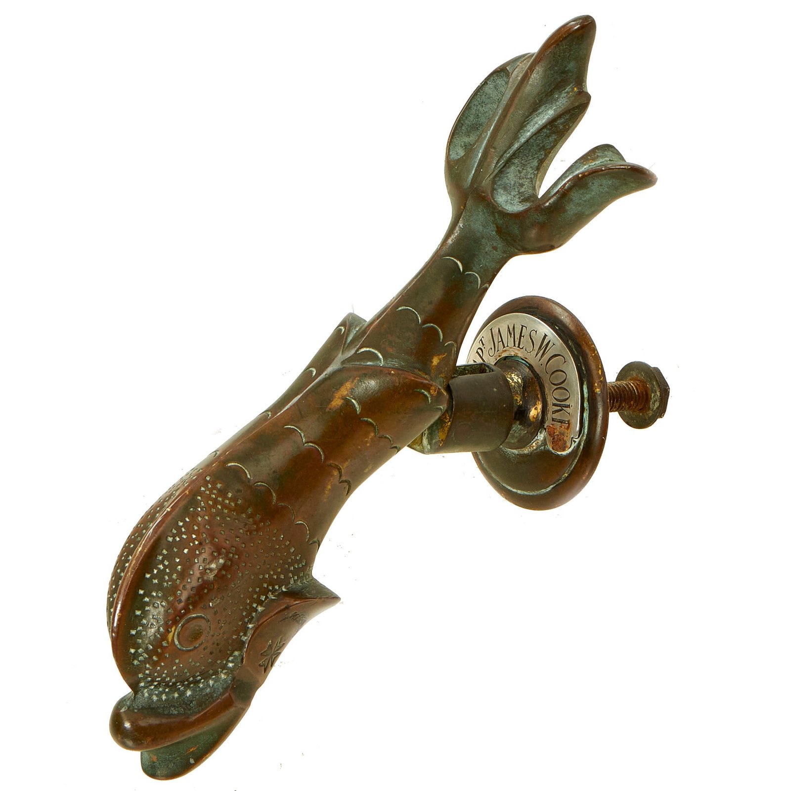 Buy Original U.S. Civil War Era Bronze “Sea Monster” Door Knocker with Mounting Fixture Named to Confederate Navy Captain James W. Cooke (1812-1869) | Original Firearms Antique For Sale