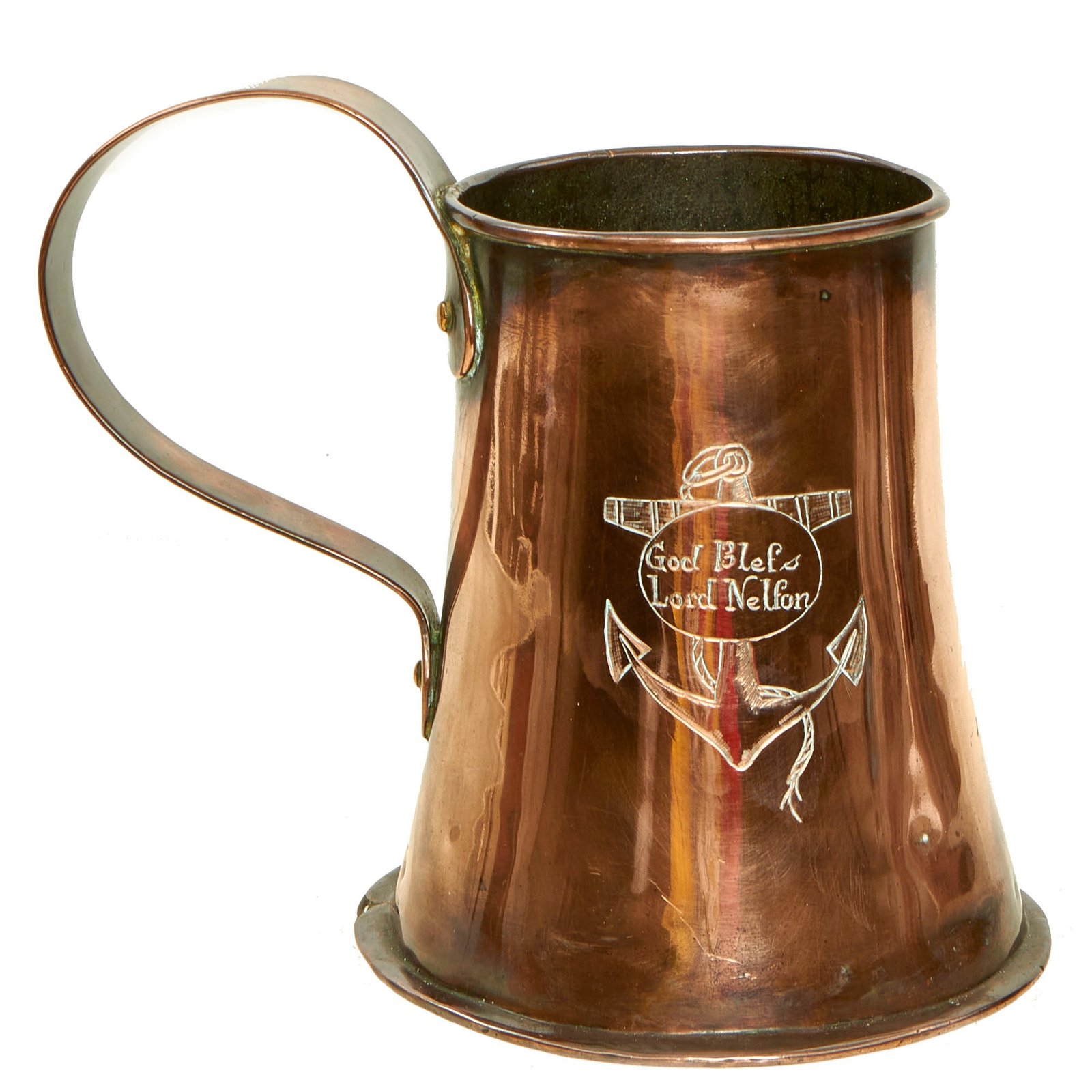 Buy Original British Napoleonic Royal Navy Very Large Copper Quart Tankard marked "God Bless Lord Nelson" with Fouled Anchor | Original Firearms Antique For Sale