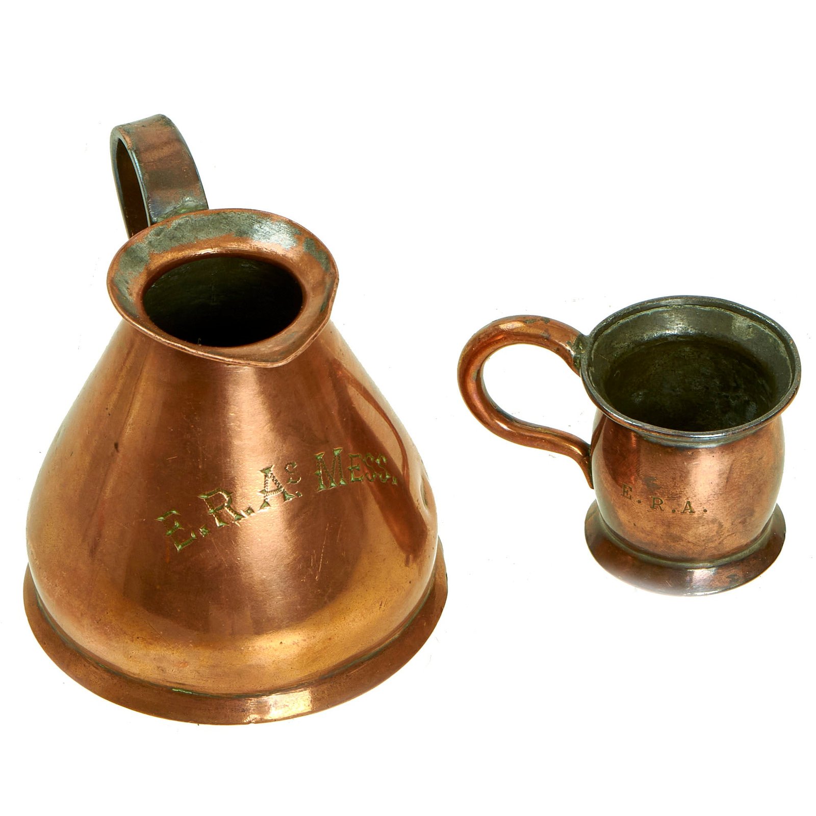 Buy Original Set of Two 19th Century British Copper Measures marked to E.R.A. Mess - Smaller Also Marked R.N.Y. | Original Firearms Antique For Sale