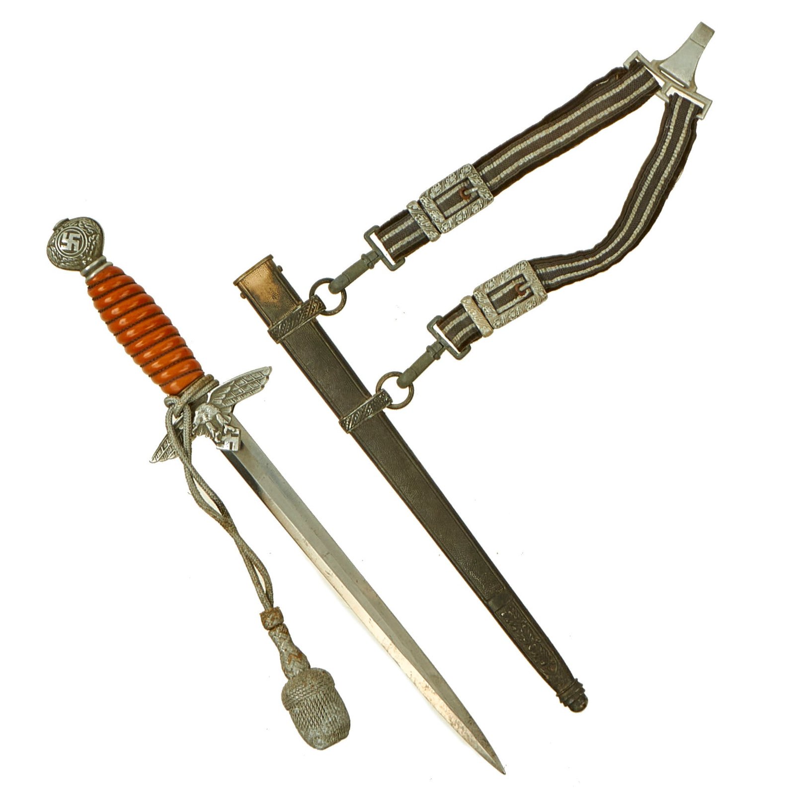Buy Original WWII German 2nd Model Luftwaffe Dagger with Scabbard, Hanger & Portepee - Unmarked Blade | Original Firearms Antique For Sale