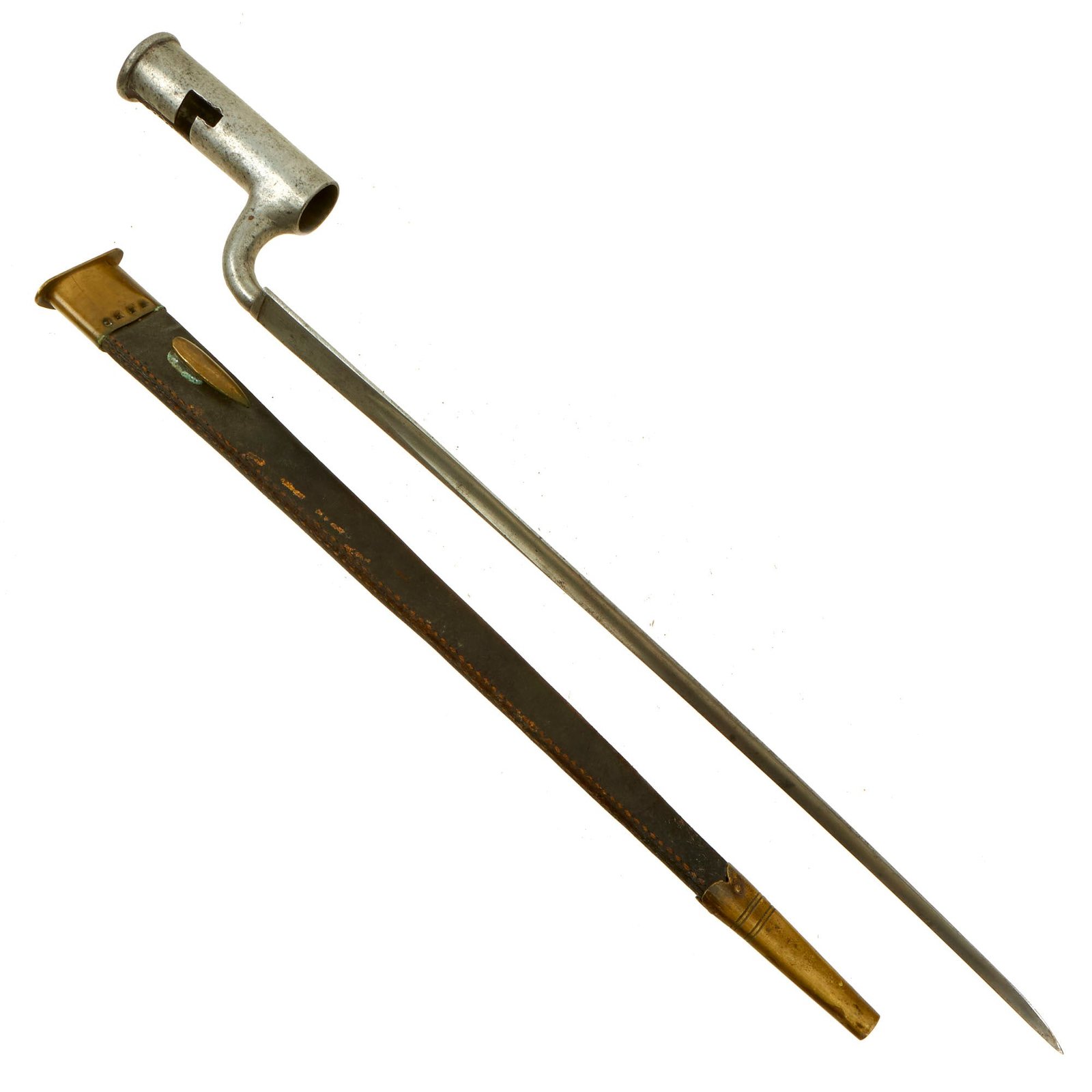 Buy Original British Napoleonic Wars / War of 1812 Era India Pattern Brown Bess Bayonet by Osborn With Leather Scabbard | Original Firearms Antique For Sale