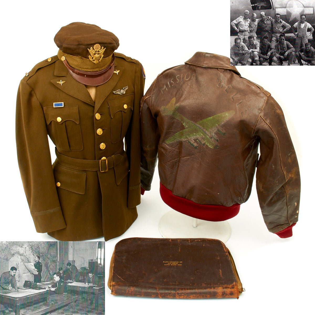 Buy Original U.S. WWII B-17 Mission Belle Distinguished Flying Cross Navigator Harry Larson’s Painted A2 Flight Jacket, Uniform, and Pilot’s Navigation Kit with Packet of Research - 885th Bomb Squadron, 2641st Special Operations Group | Original Firearms Antique For Sale