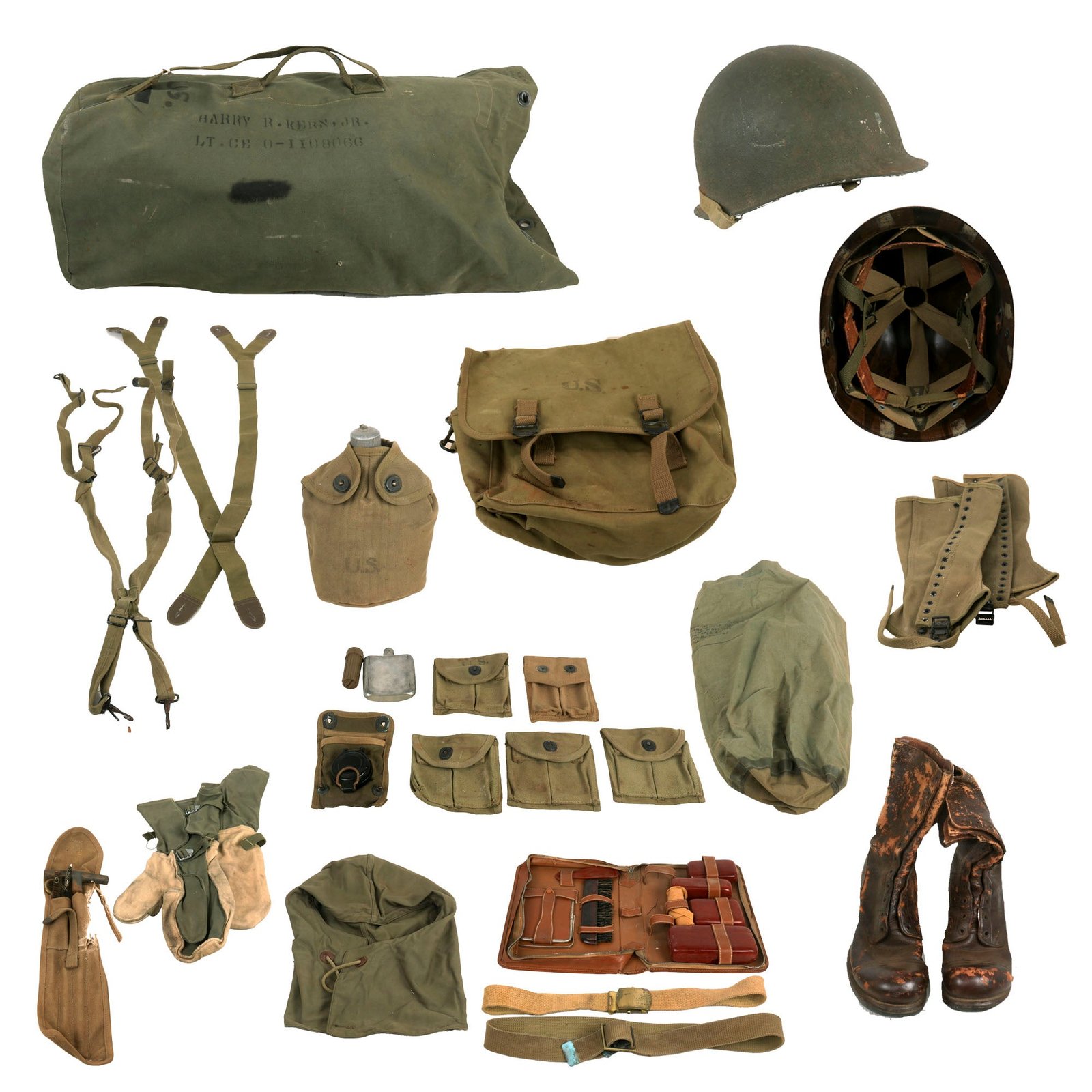 Buy Original U.S. WWII Large Field Equipment Grouping For OSS Captain Harry R. Kern Jr. Featuring M1 McCord Paratrooper Helmet and Jump Boots | Original Firearms Antique For Sale