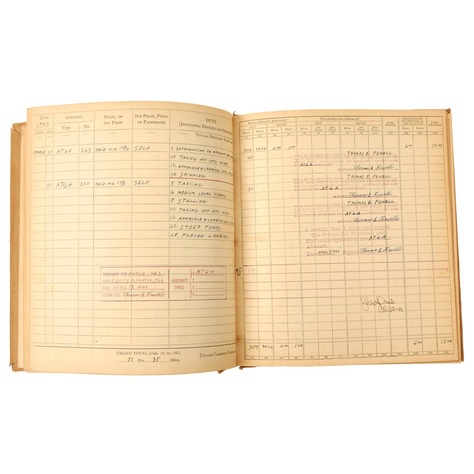 Buy Original U.S. WWII Army Air Force Pilot’s Flying Log Book Named to Distinguished Flying Cross Recipient Thomas E. Fewell | Original Firearms Antique For Sale