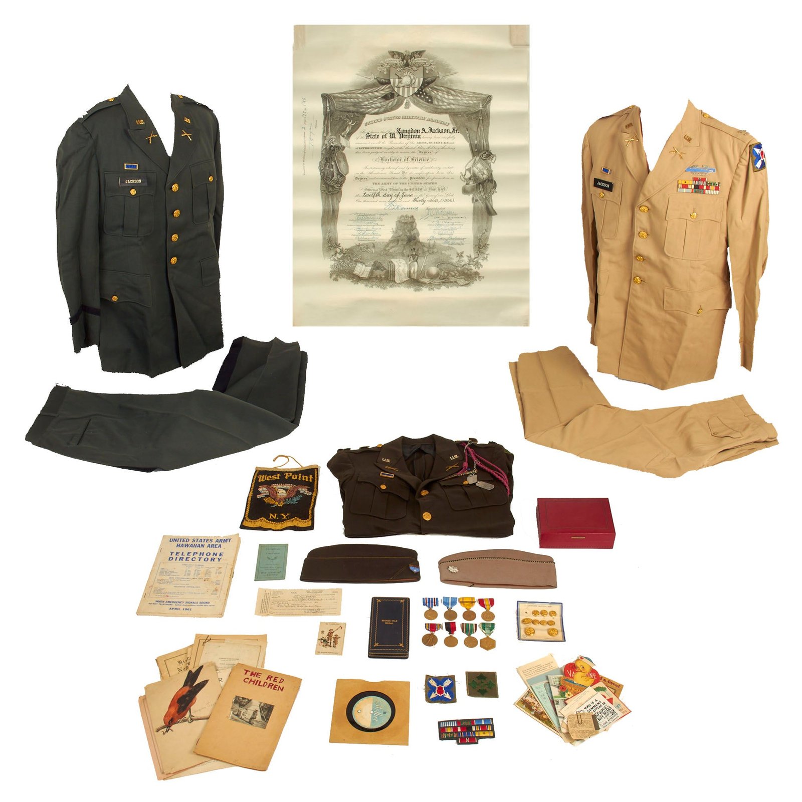 Buy Original U.S. WWII to Korean War Era Large West Point Graduate Uniforms, Insignia and Document Grouping for Colonel Langdon A. Jackson, 4th Infantry Division & XXI Corps - West Point Class of 1936 | Original Firearms Antique For Sale