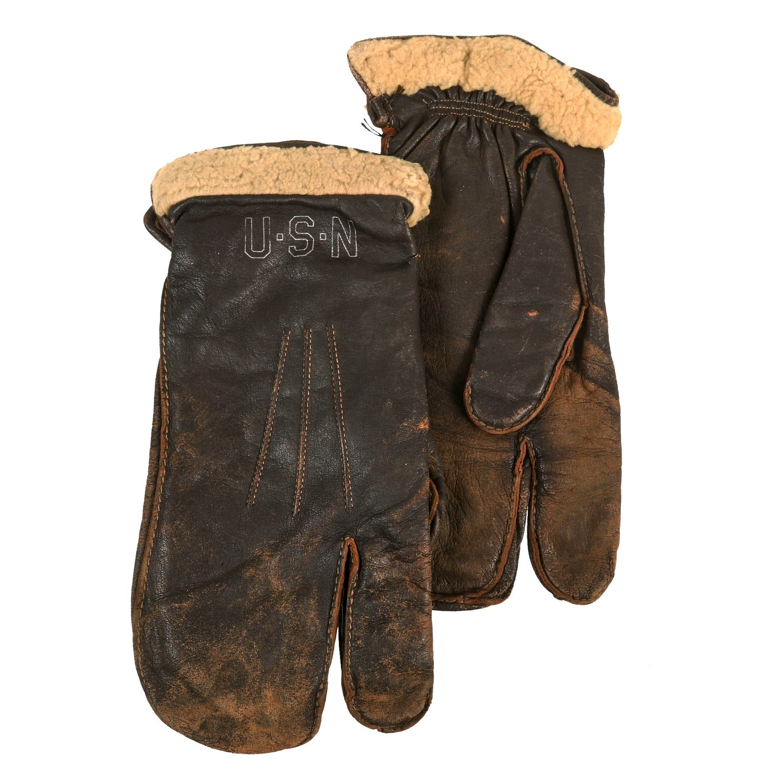 Buy Original WWII U.S. Navy A-9A Shearling Leather Flying Mitten Gloves - Size 11 | Original Firearms Antique For Sale