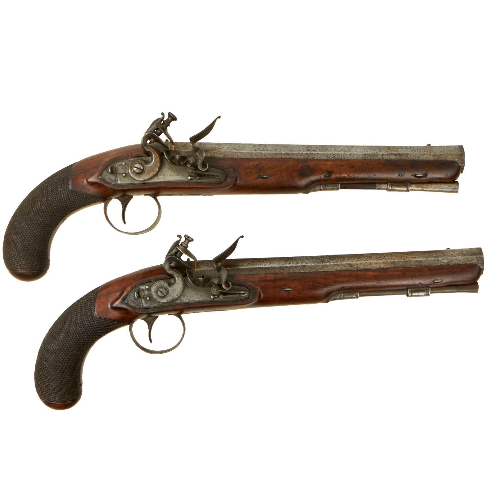Buy Original Late Production Matched Pair of Musket Bore British Flintlock Pistols by John Harcourt of Ipswich - Circa 1825 | Original Firearms Antique For Sale