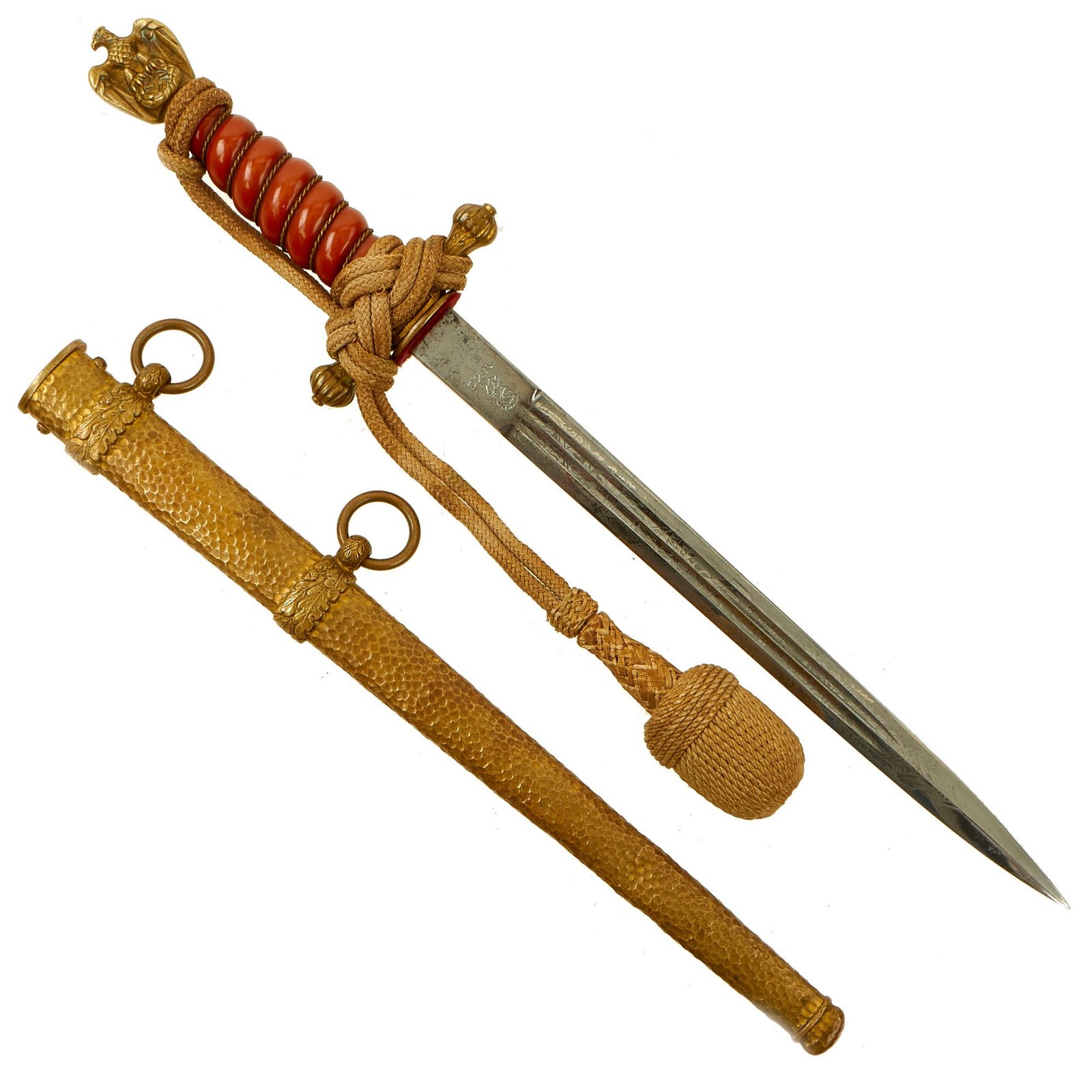 Buy Original WWII German 2nd Model Naval Dagger by W.K.C. Waffenfabrik with Hammered Scabbard & Portepee | Original Firearms Antique For Sale