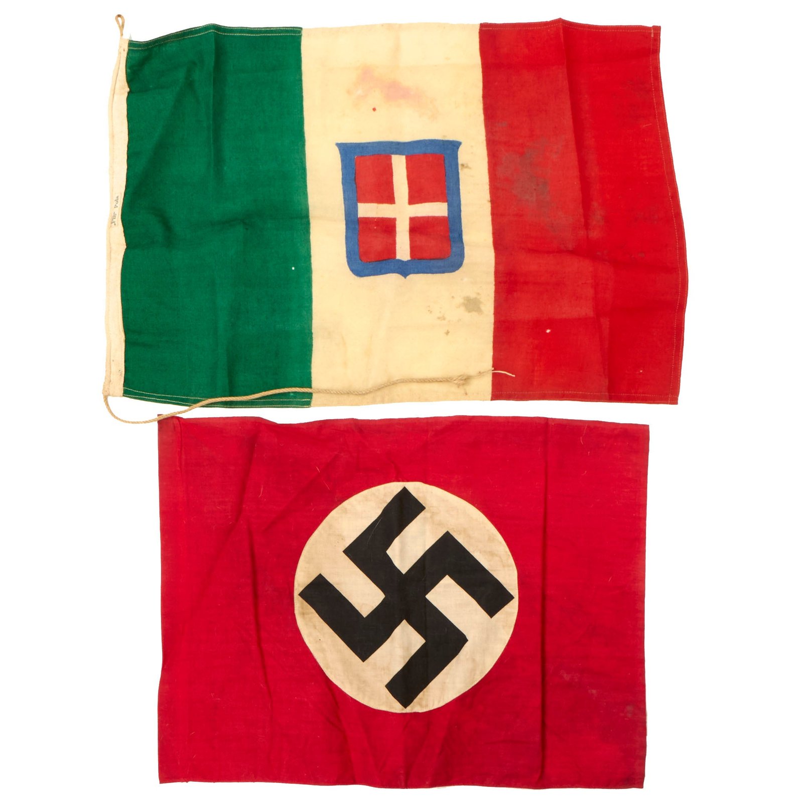 Buy Original WWII European Axis Powers Small Flag Set: German NSDAP Flag & Kingdom of Italy Flag With Savoy Coat of Arms | Original Firearms Antique For Sale