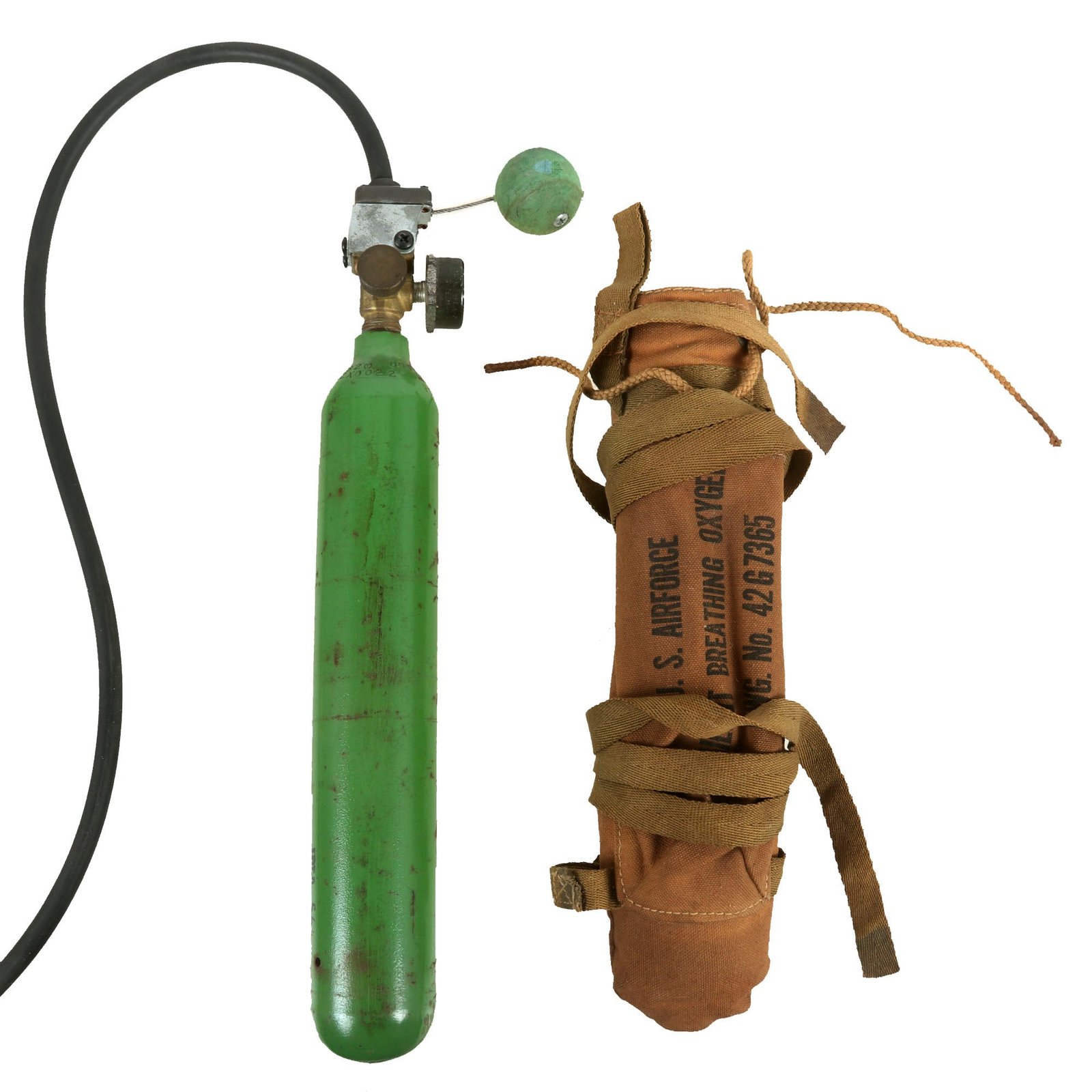 Buy Original U.S. WWII Army Air Forces Bailout Breathing Oxygen Bottle with Carrier & Original Hose | Original Firearms Antique For Sale